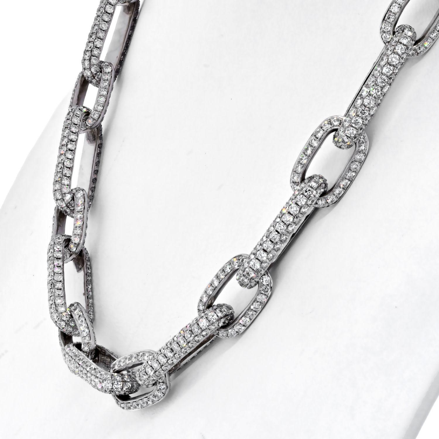 41 Carat 18K White Gold Pave Diamond Link Chain Necklace In Excellent Condition For Sale In New York, NY