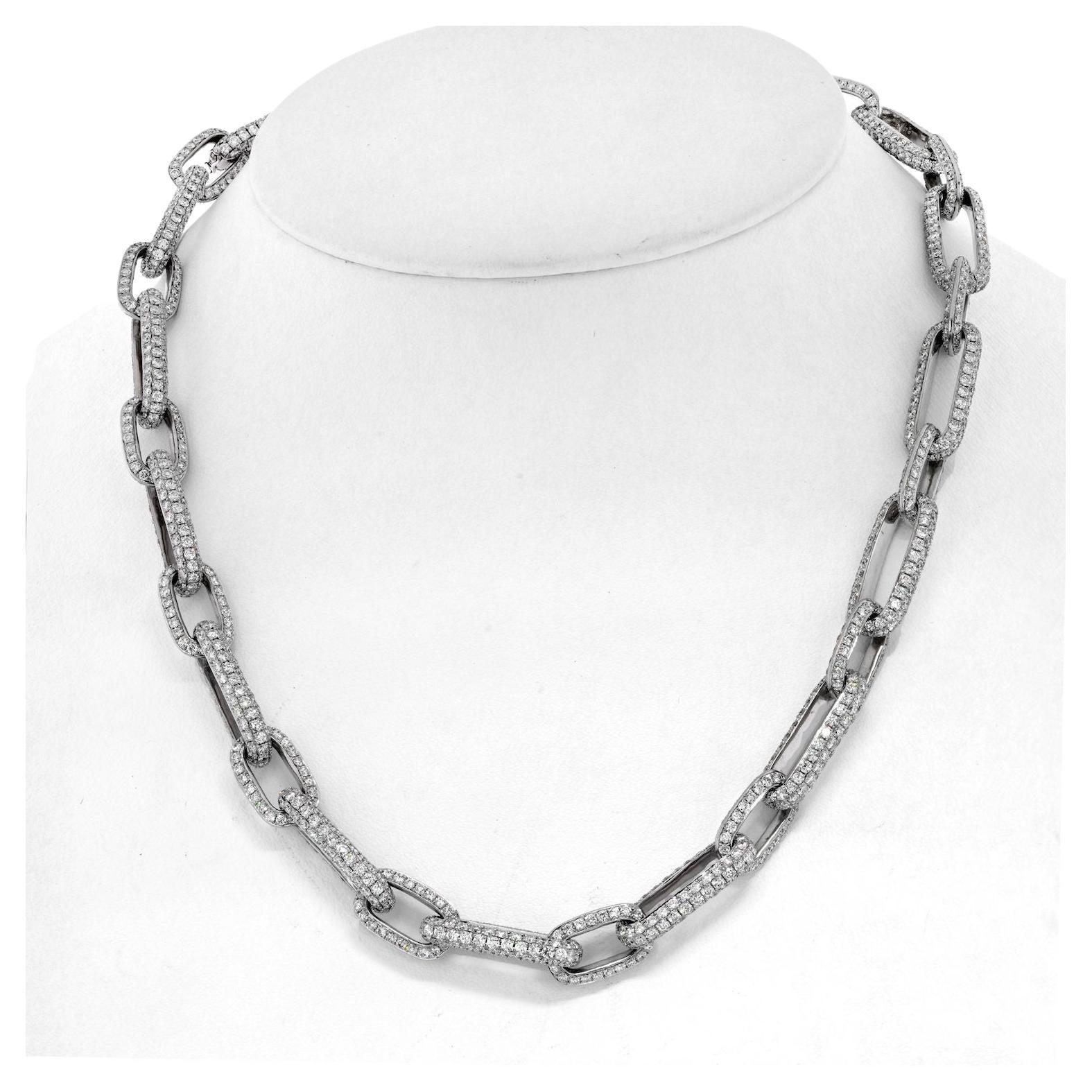 41 Carat 18K White Gold Pave Diamond Link Chain Necklace For Sale