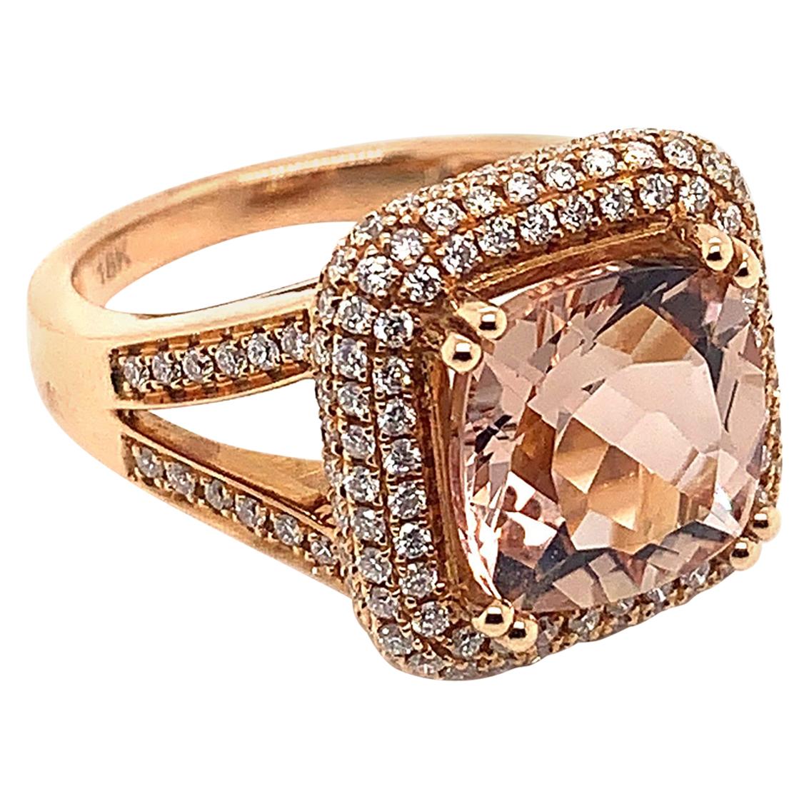 Bague Morganite de forme coussin de 4,1 carats en or rose 18 carats avec diamants