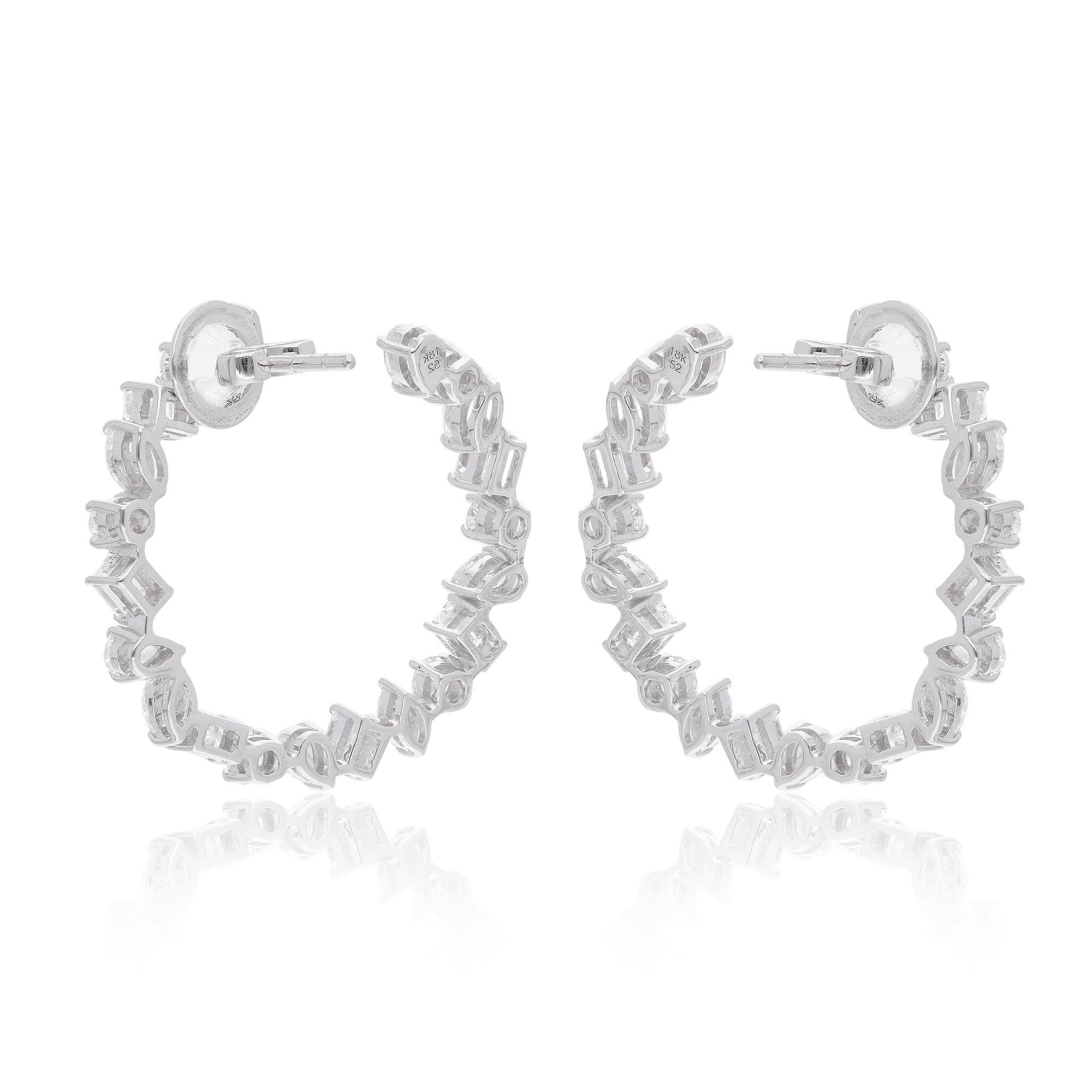 Women's 4.1 Carat Multi Shape Diamond Hoop Earrings 14 Karat White Gold Handmade Jewelry For Sale
