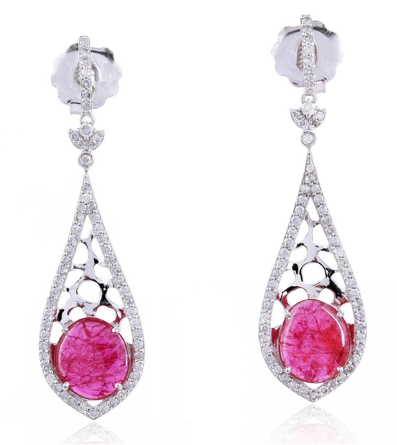 Mixed Cut 4.1 Carat Ruby Diamond 18 Karat Gold Earrings For Sale