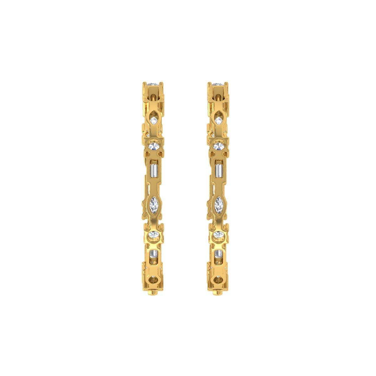 Modern 4.1 Carat SI Clarity HI Color Multi Shape Diamond Hoop Earrings 18K Yellow Gold For Sale