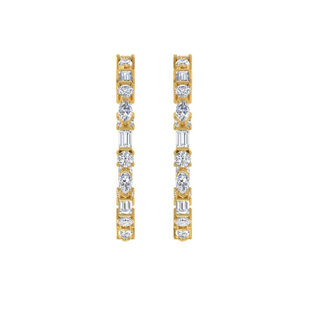 Baguette Cut 4.1 Carat SI Clarity HI Color Multi Shape Diamond Hoop Earrings 18K Yellow Gold For Sale