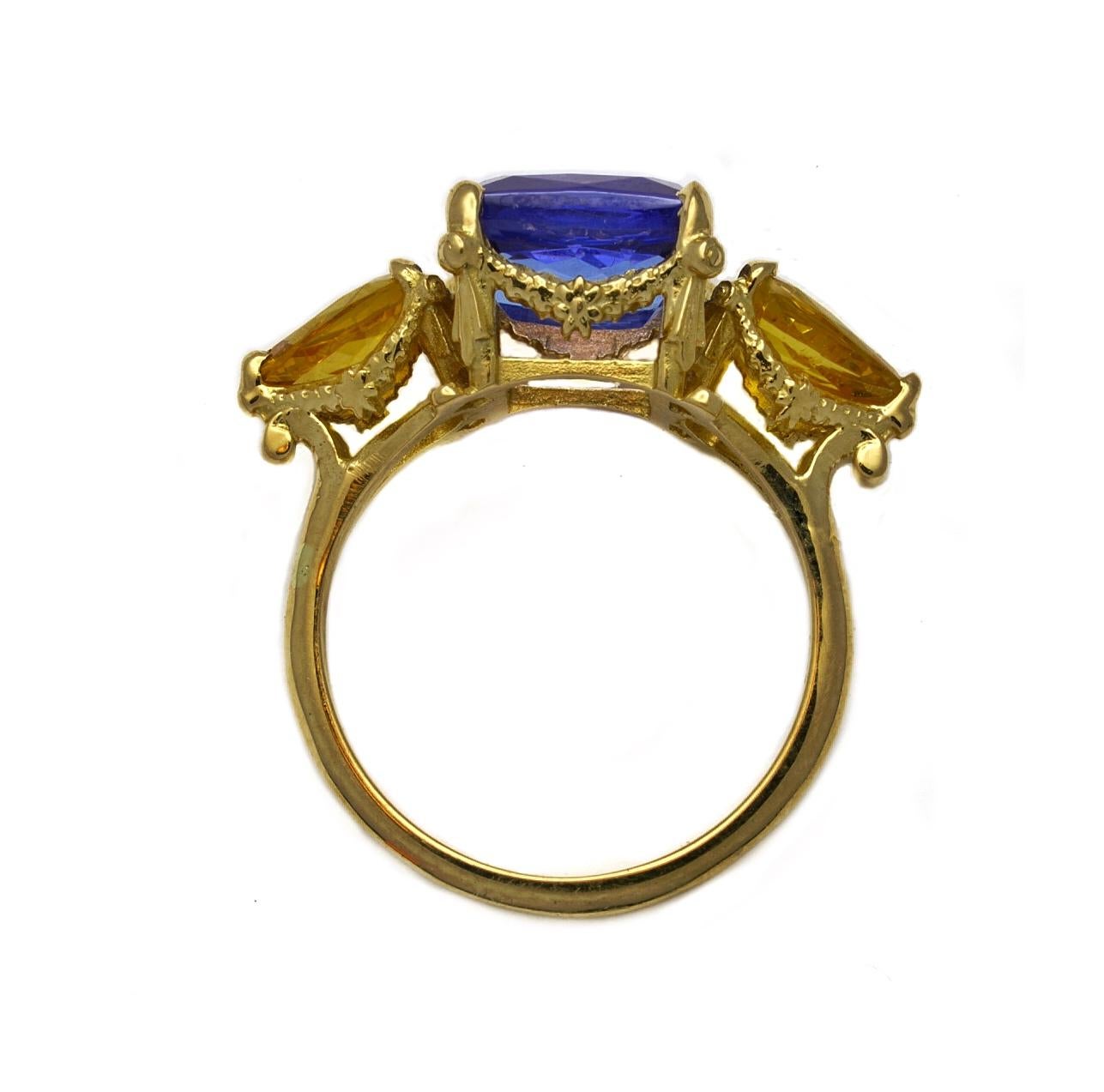 Victorian Starry Night Ring in 18 Karat Yellow Gold, Tanzanite and Yellow Sapphires