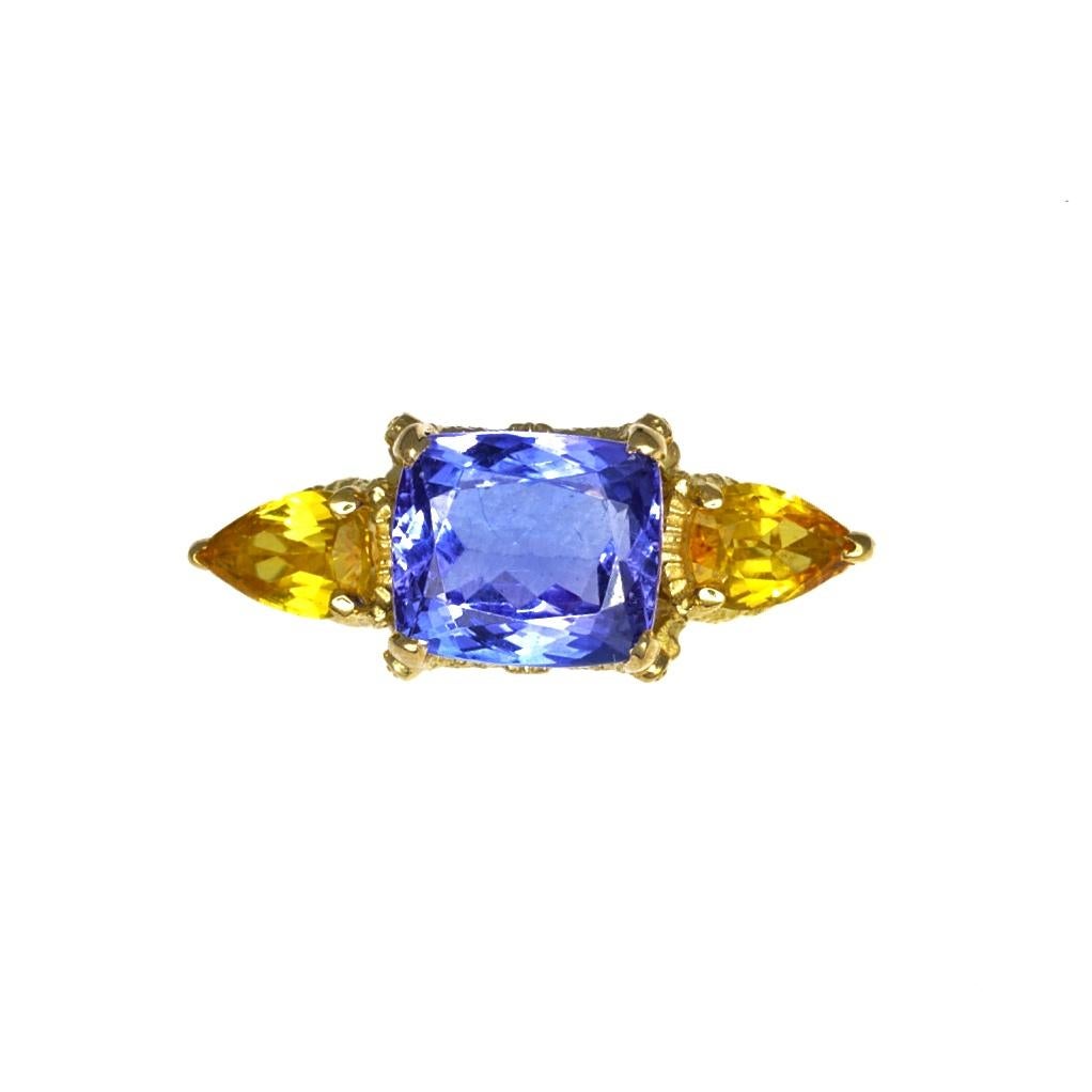 Cushion Cut Starry Night Ring in 18 Karat Yellow Gold, Tanzanite and Yellow Sapphires