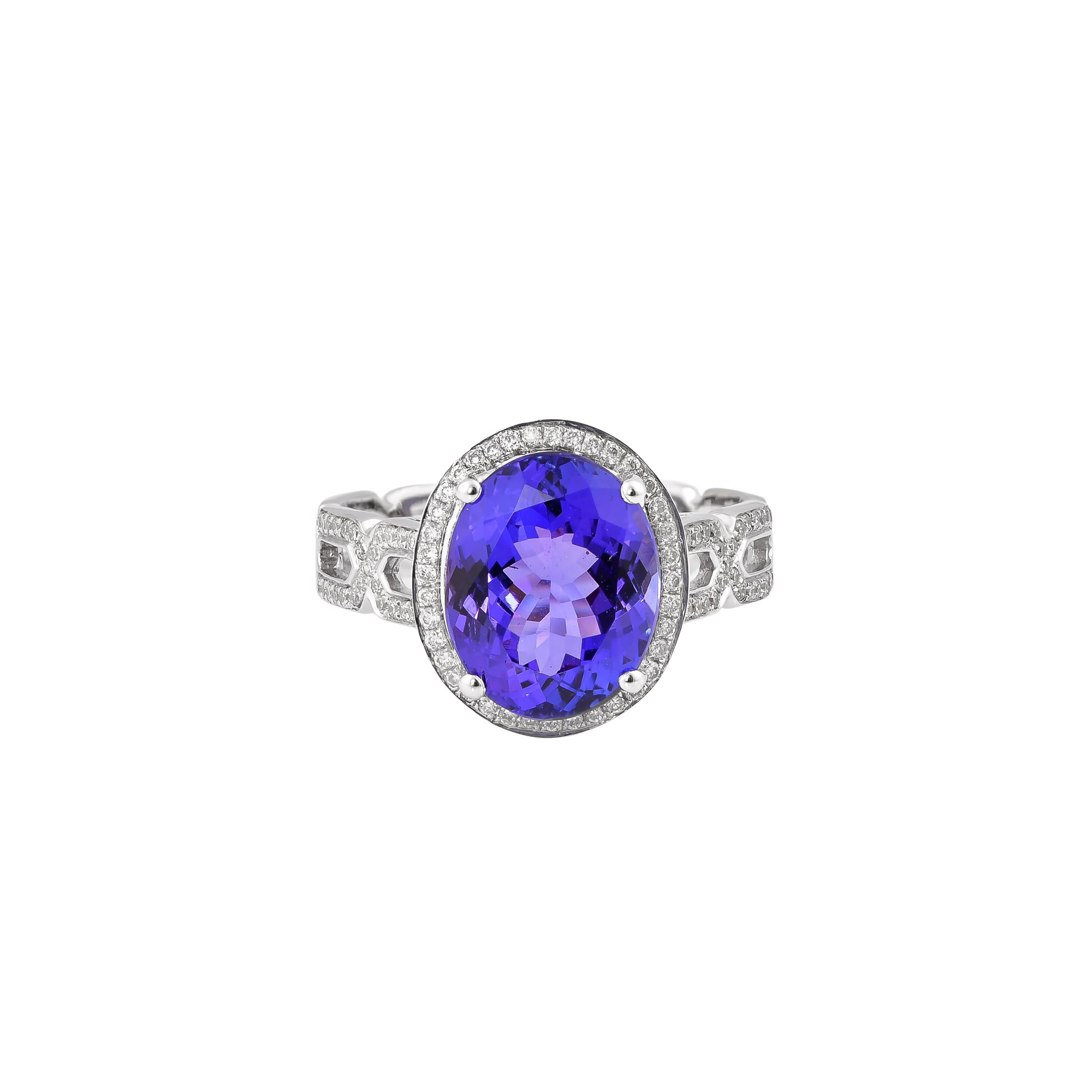 Oval Cut 4.1 Carat Tanzanite and White Diamond Ring in 18 Karat White Gold For Sale