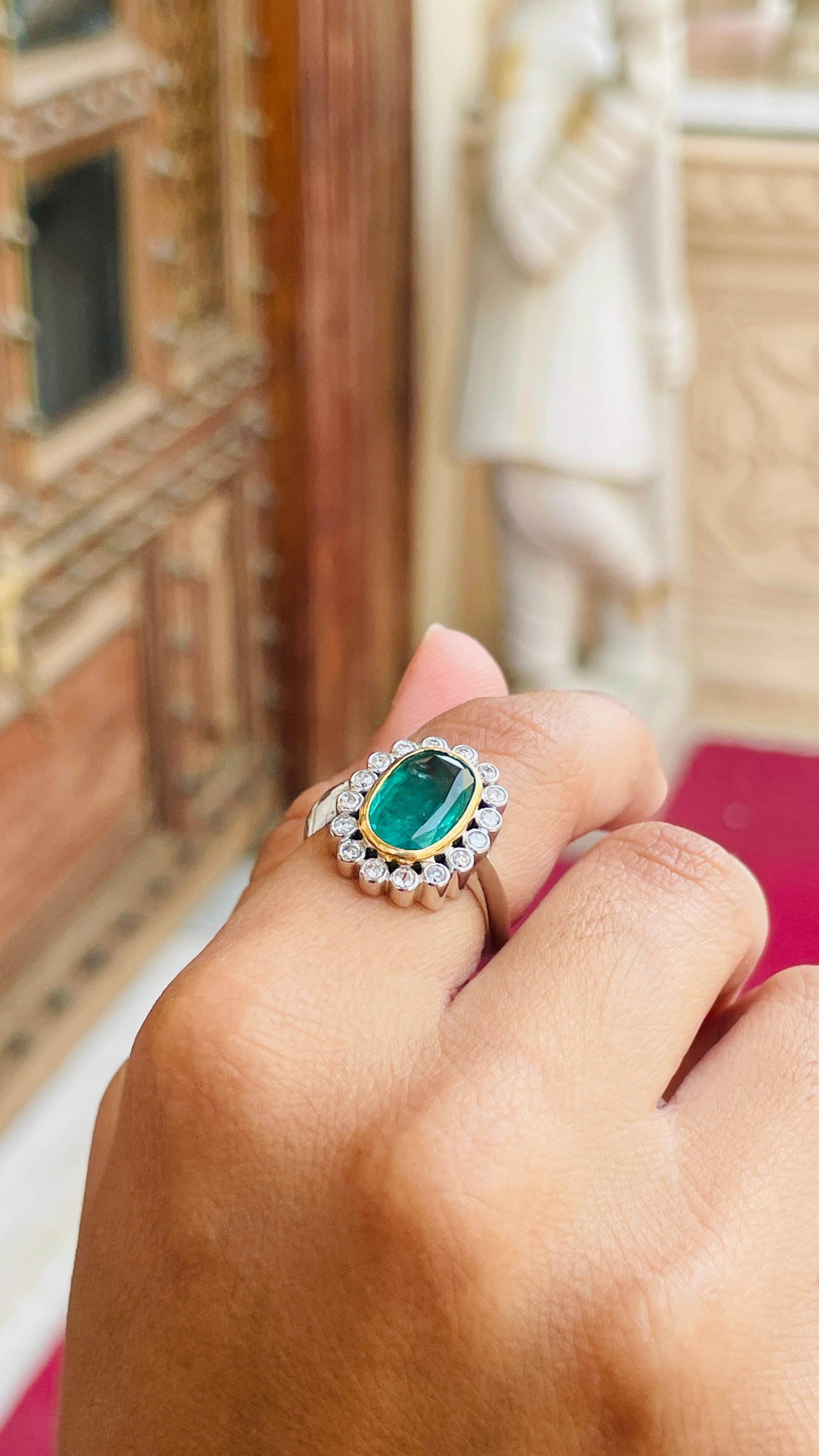 For Sale:  4.1 Carats Emerald Diamond Halo Cocktail Ring in 18k Solid White Gold 11