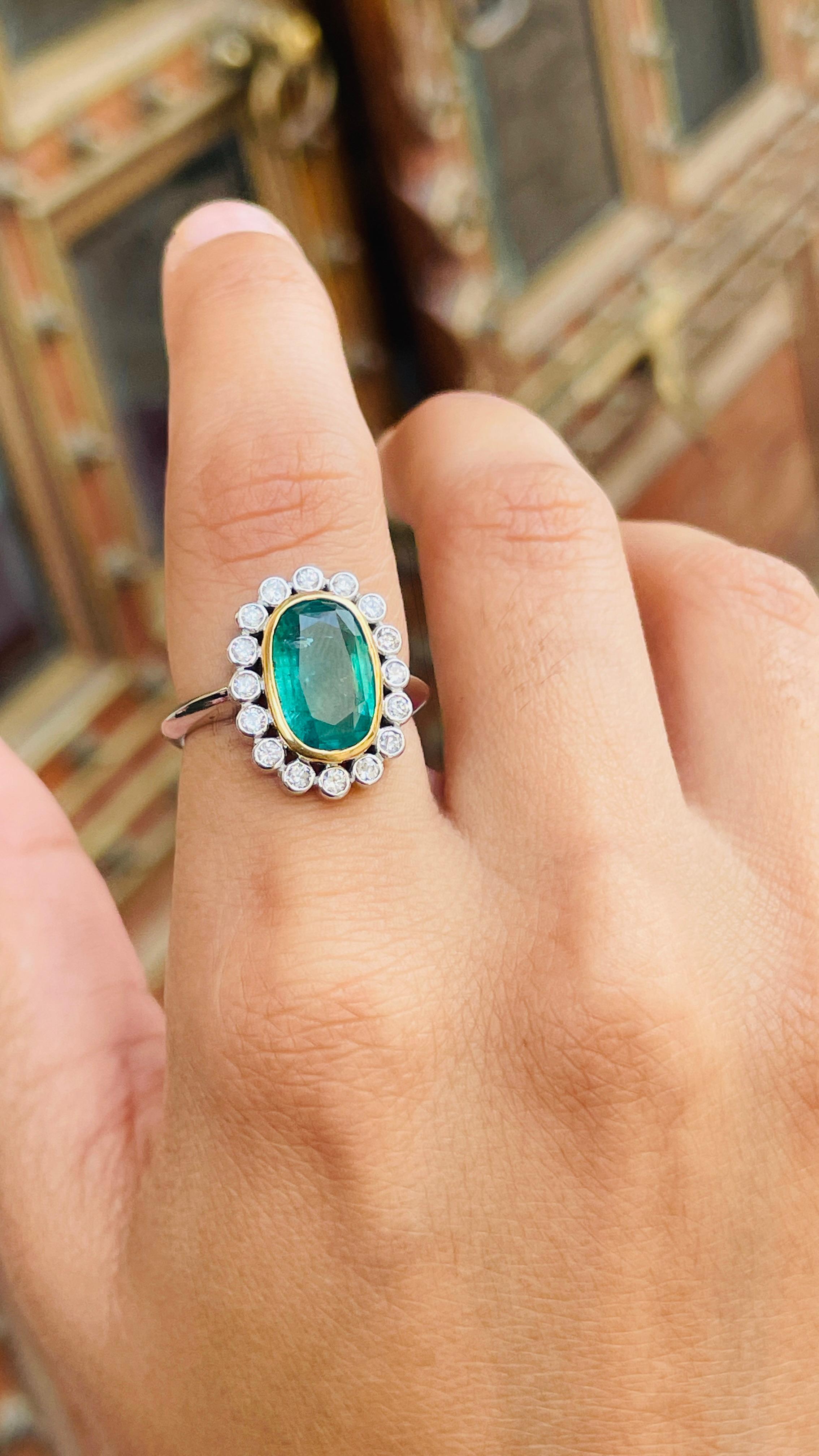 For Sale:  4.1 Carats Emerald Diamond Halo Cocktail Ring in 18k Solid White Gold 13