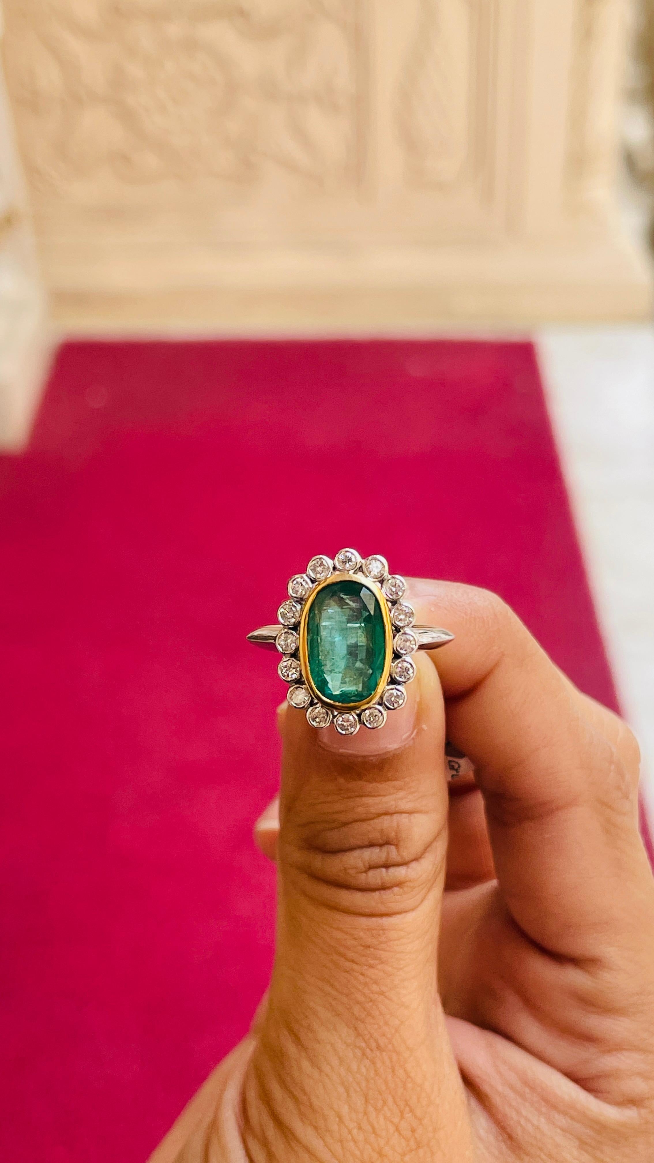 For Sale:  4.1 Carats Emerald Diamond Halo Cocktail Ring in 18k Solid White Gold 14