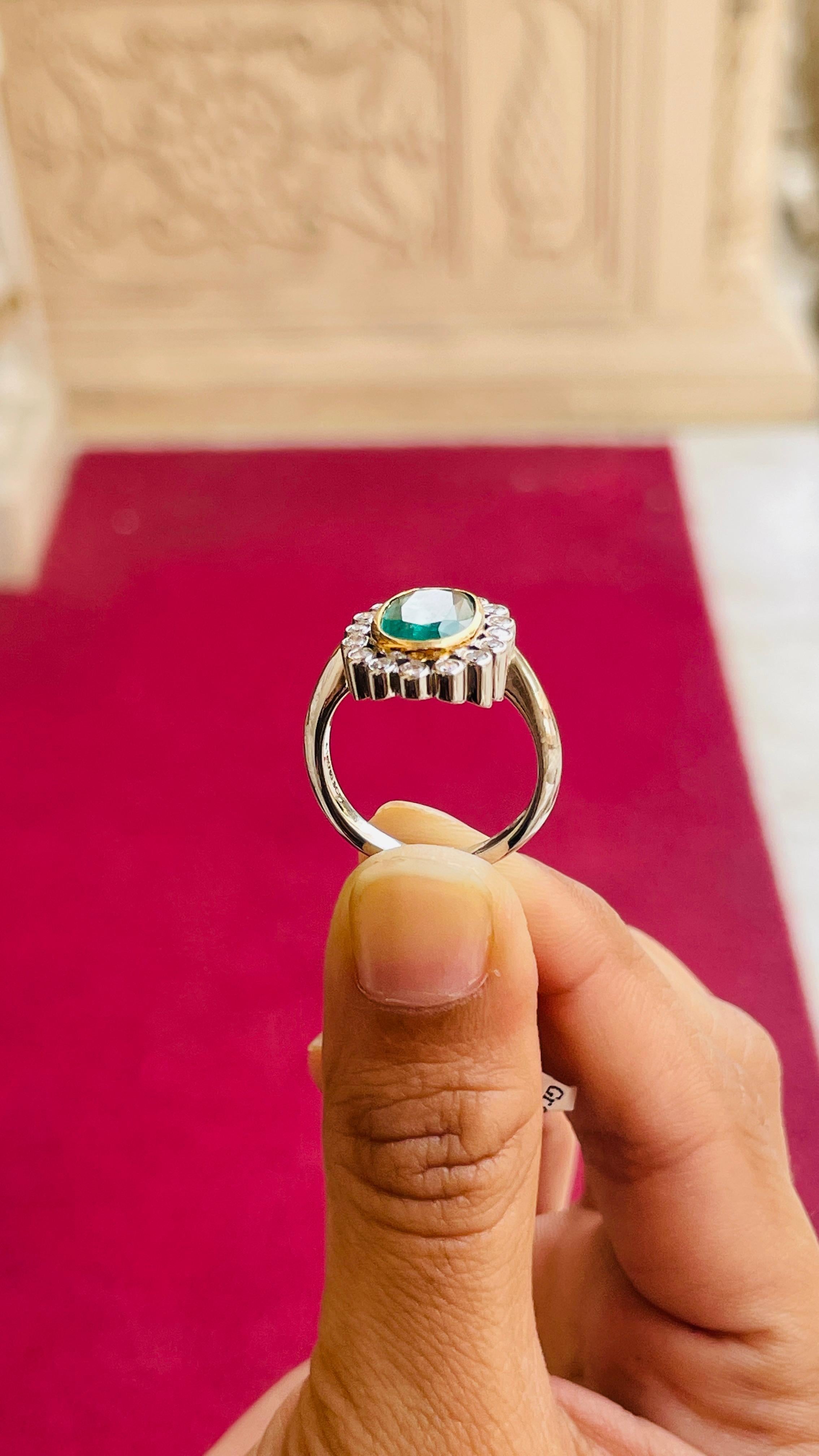 For Sale:  4.1 Carats Emerald Diamond Halo Cocktail Ring in 18k Solid White Gold 15