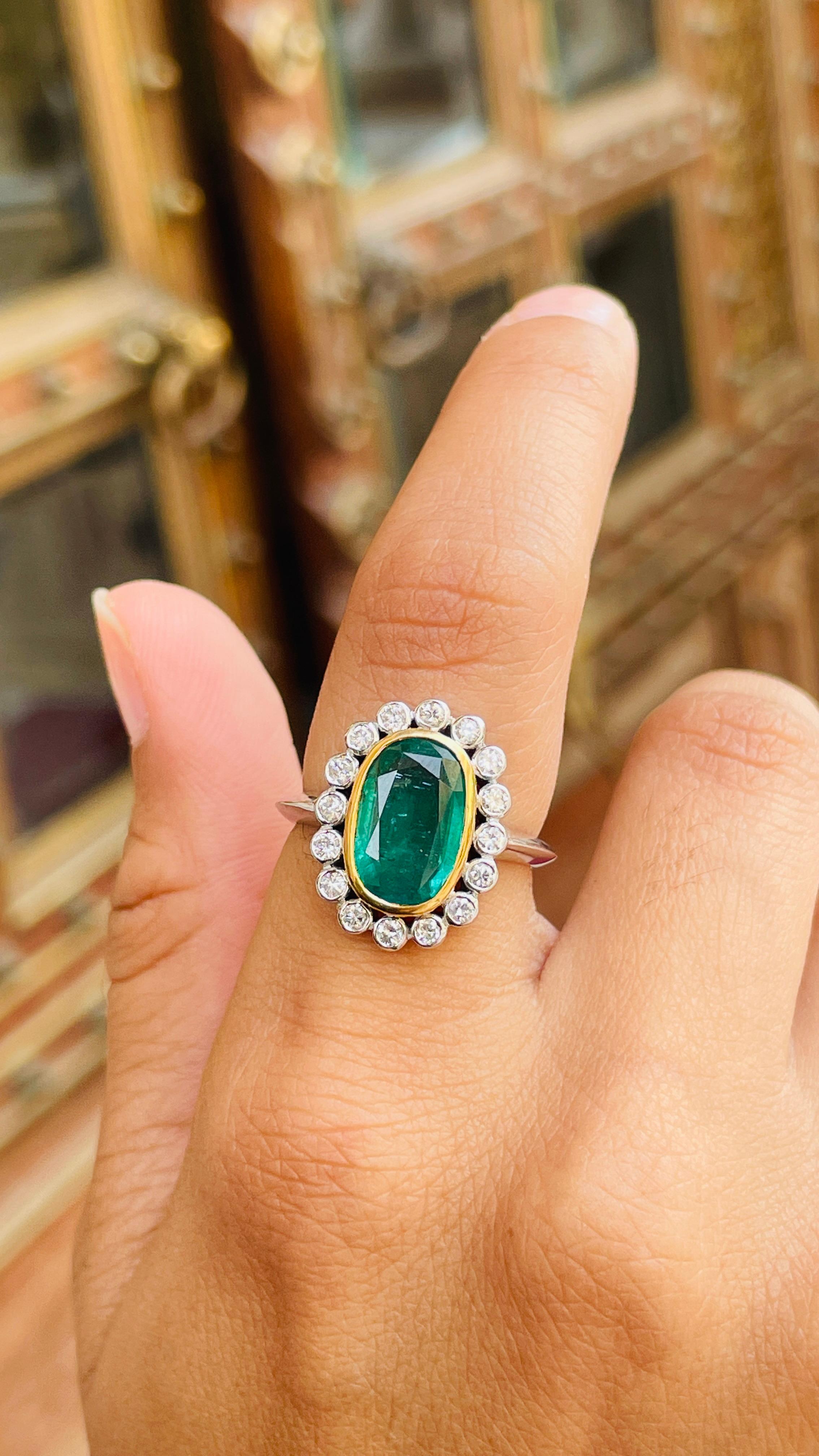 For Sale:  4.1 Carats Emerald Diamond Halo Cocktail Ring in 18k Solid White Gold 6