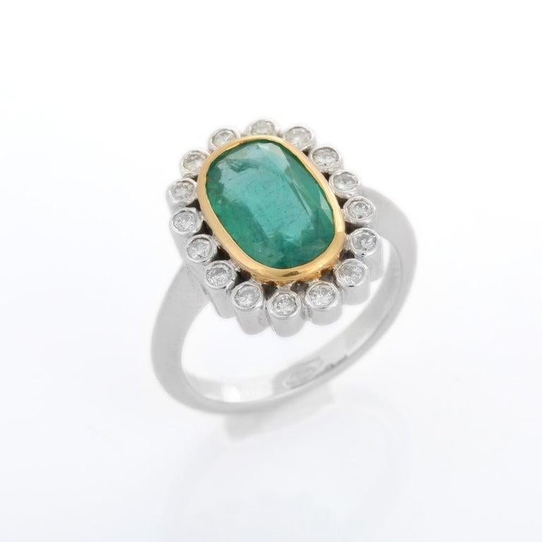 For Sale:  4.1 Carats Emerald Diamond Halo Cocktail Ring in 18k Solid White Gold 7