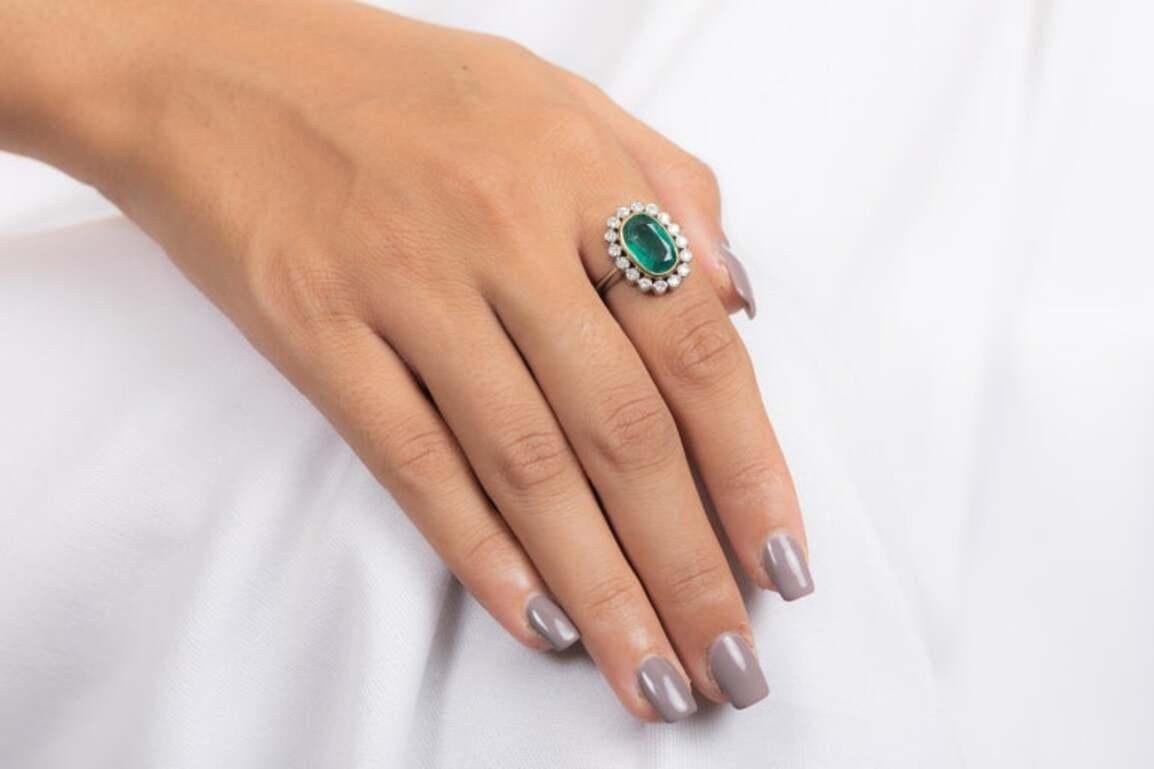 For Sale:  4.1 Carats Emerald Diamond Halo Cocktail Ring in 18k Solid White Gold 9