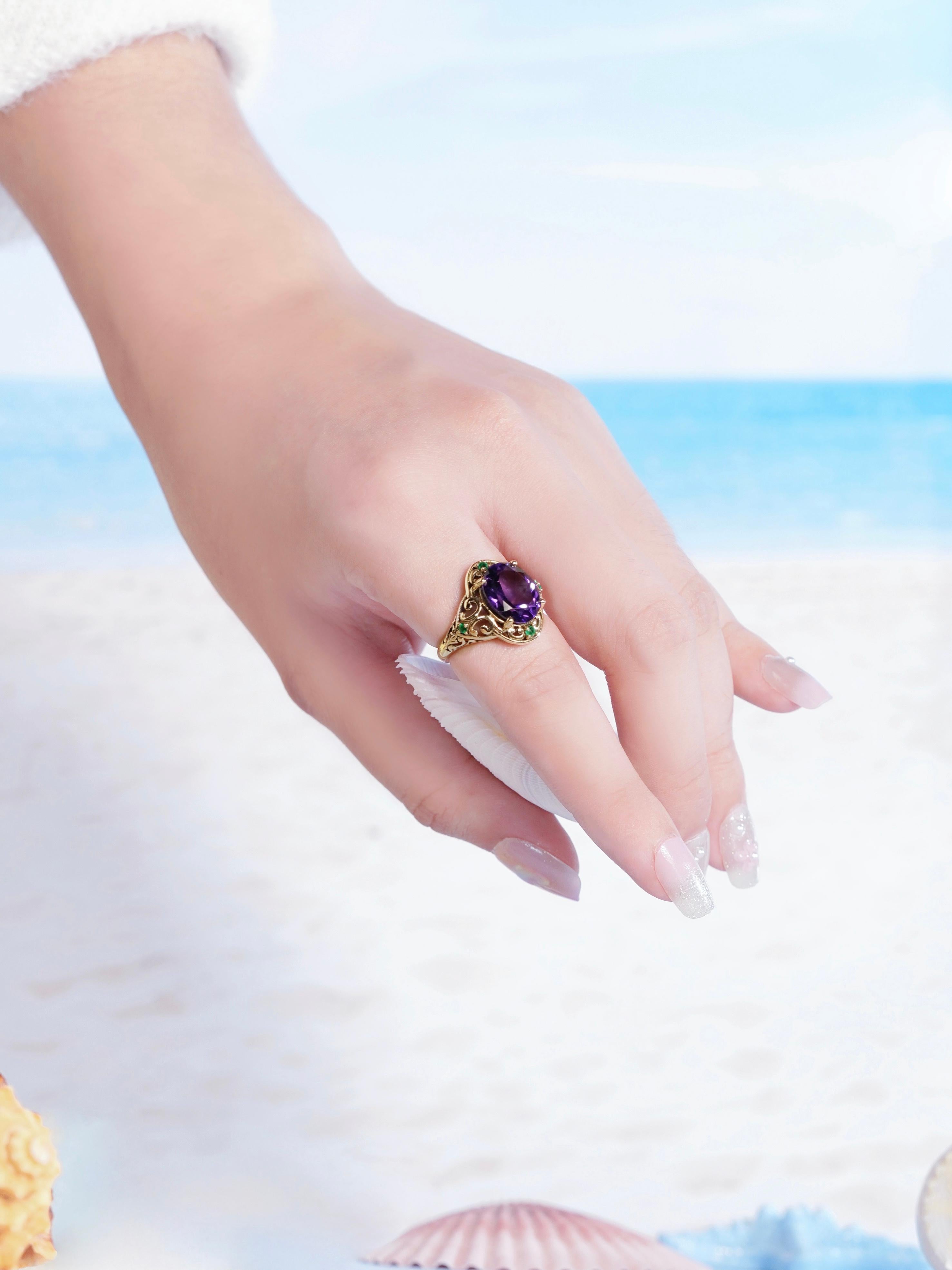 4.1 ct. Amethyst Emerald Vintage Style Filigree Ring in Solid 9K Yellow For Sale 5