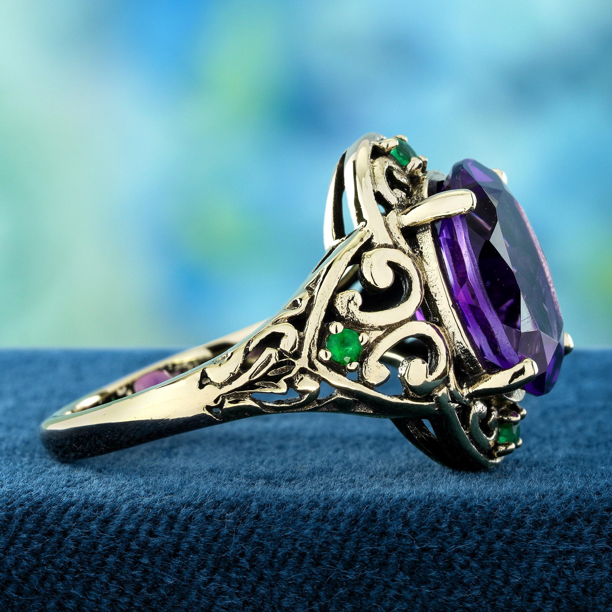 4,1 ct. Amethyst Smaragd Vintage Style filigranen Ring in massivem 9K Gelb (Ovalschliff) im Angebot