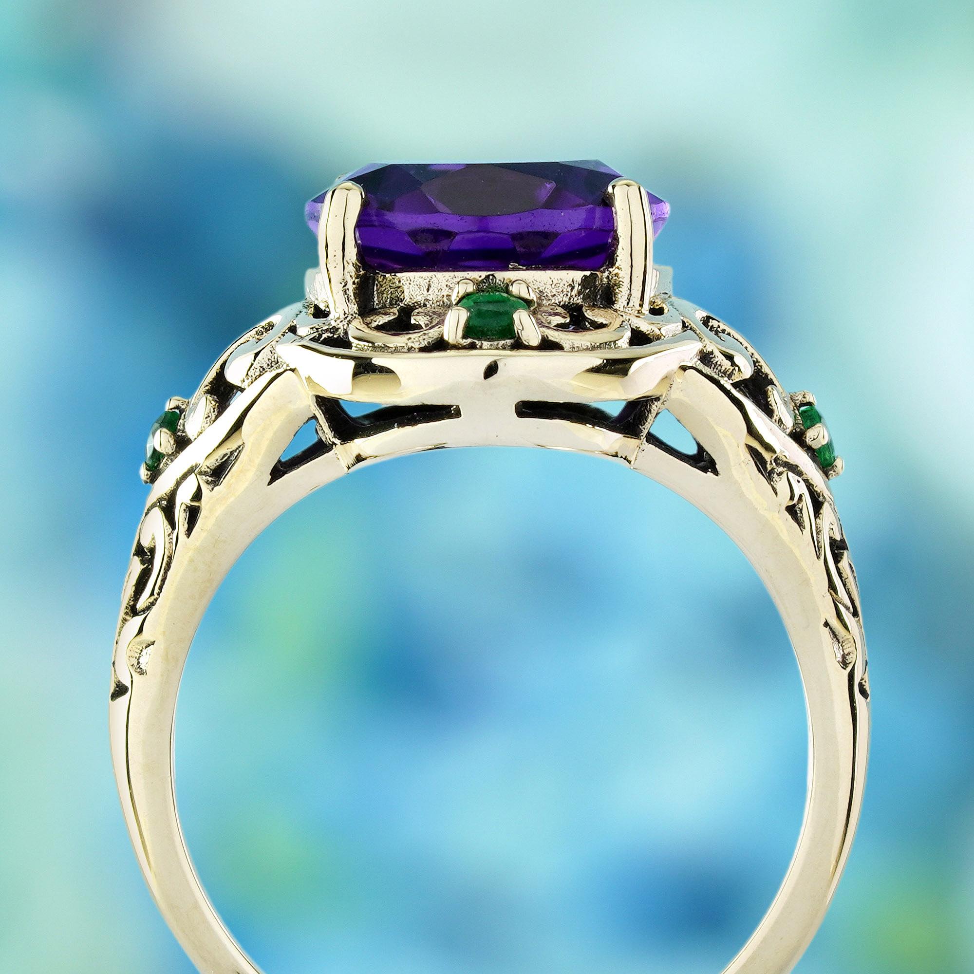 4,1 ct. Amethyst Smaragd Vintage Style filigranen Ring in massivem 9K Gelb im Zustand „Neu“ im Angebot in Bangkok, TH