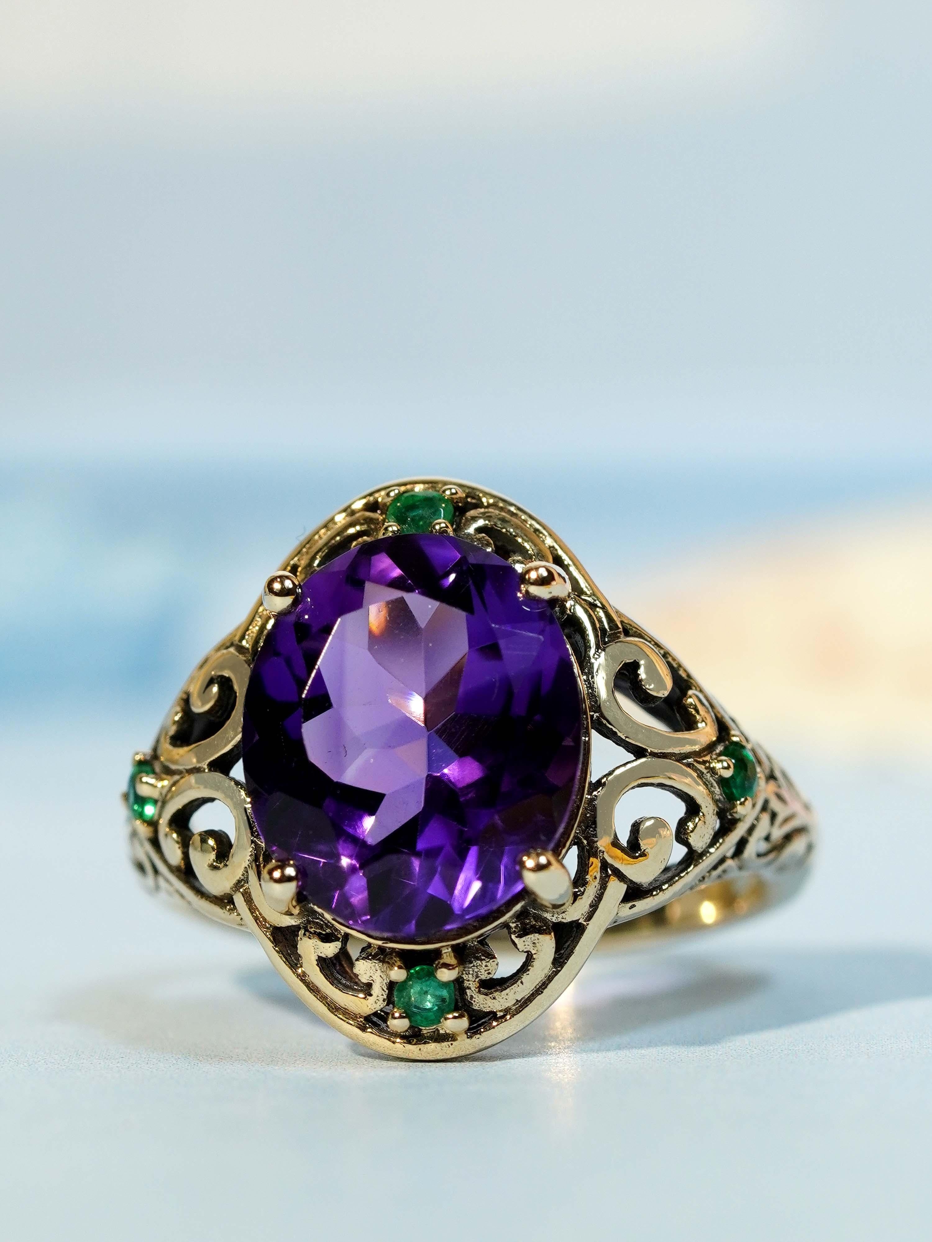 4.1 ct. Amethyst Emerald Vintage Style Filigree Ring in Solid 9K Yellow For Sale 1