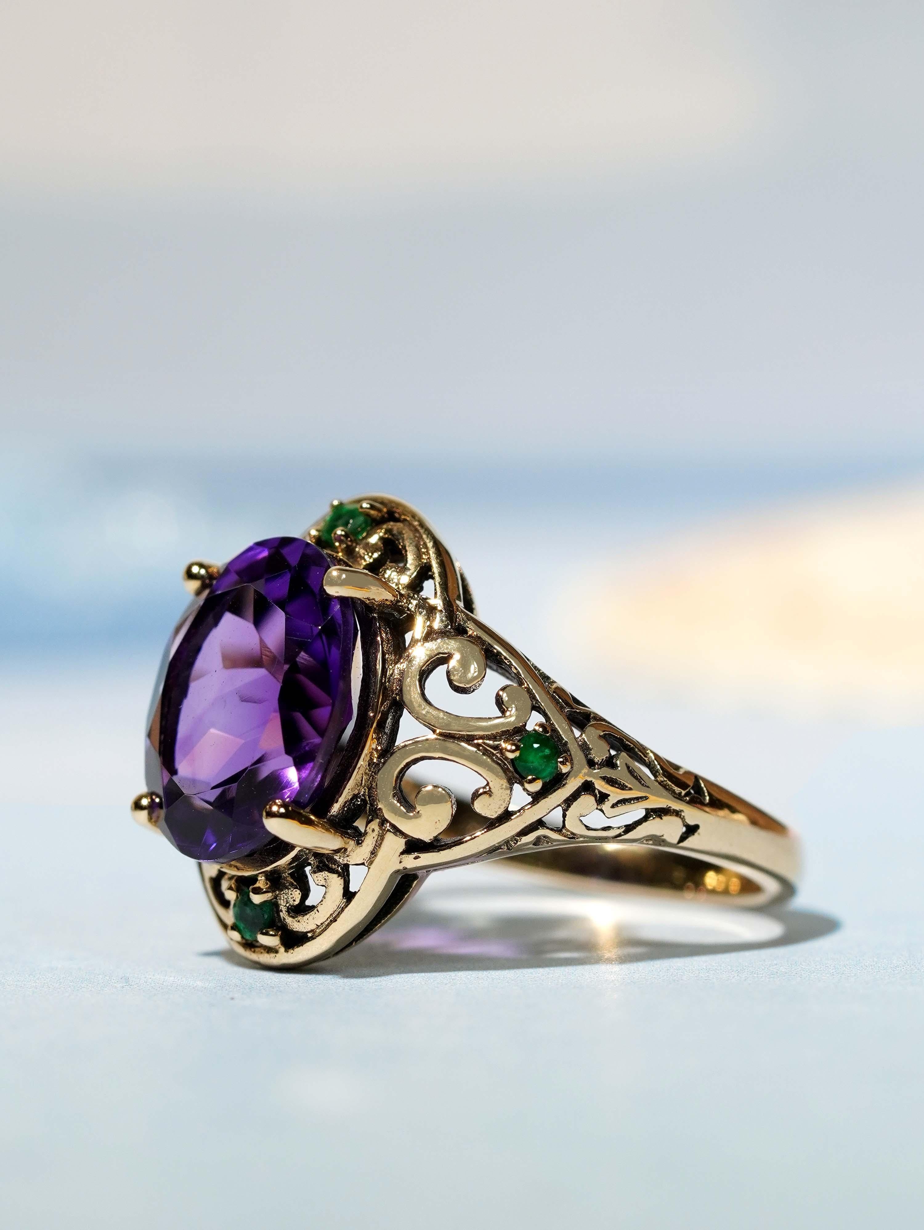 4.1 ct. Amethyst Emerald Vintage Style Filigree Ring in Solid 9K Yellow For Sale 2