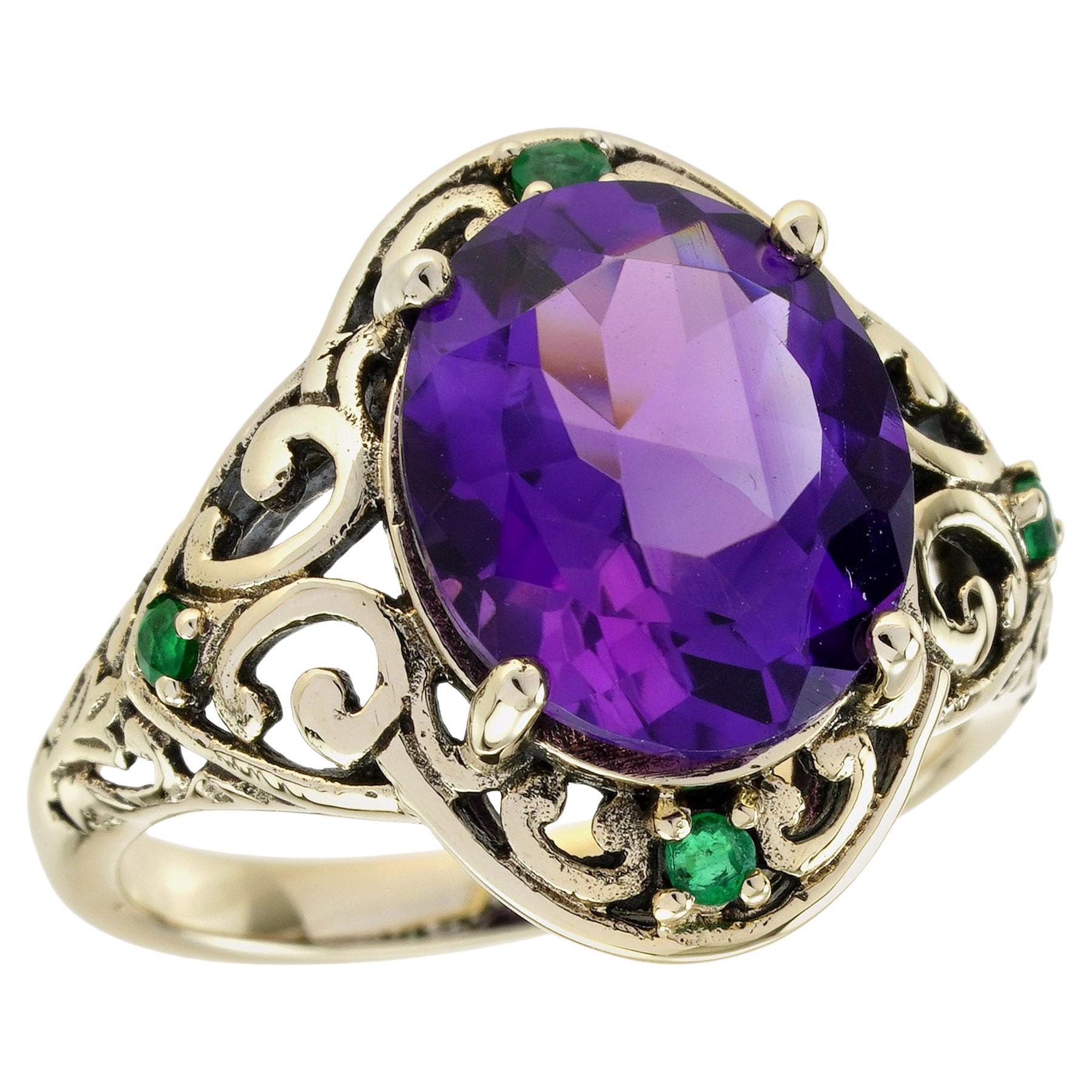 4,1 ct. Amethyst Smaragd Vintage Style filigranen Ring in massivem 9K Gelb im Angebot