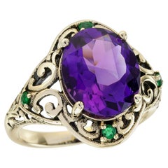 4.1 ct. Amethyst Emerald Vintage Style Filigree Ring in Solid 9K Yellow