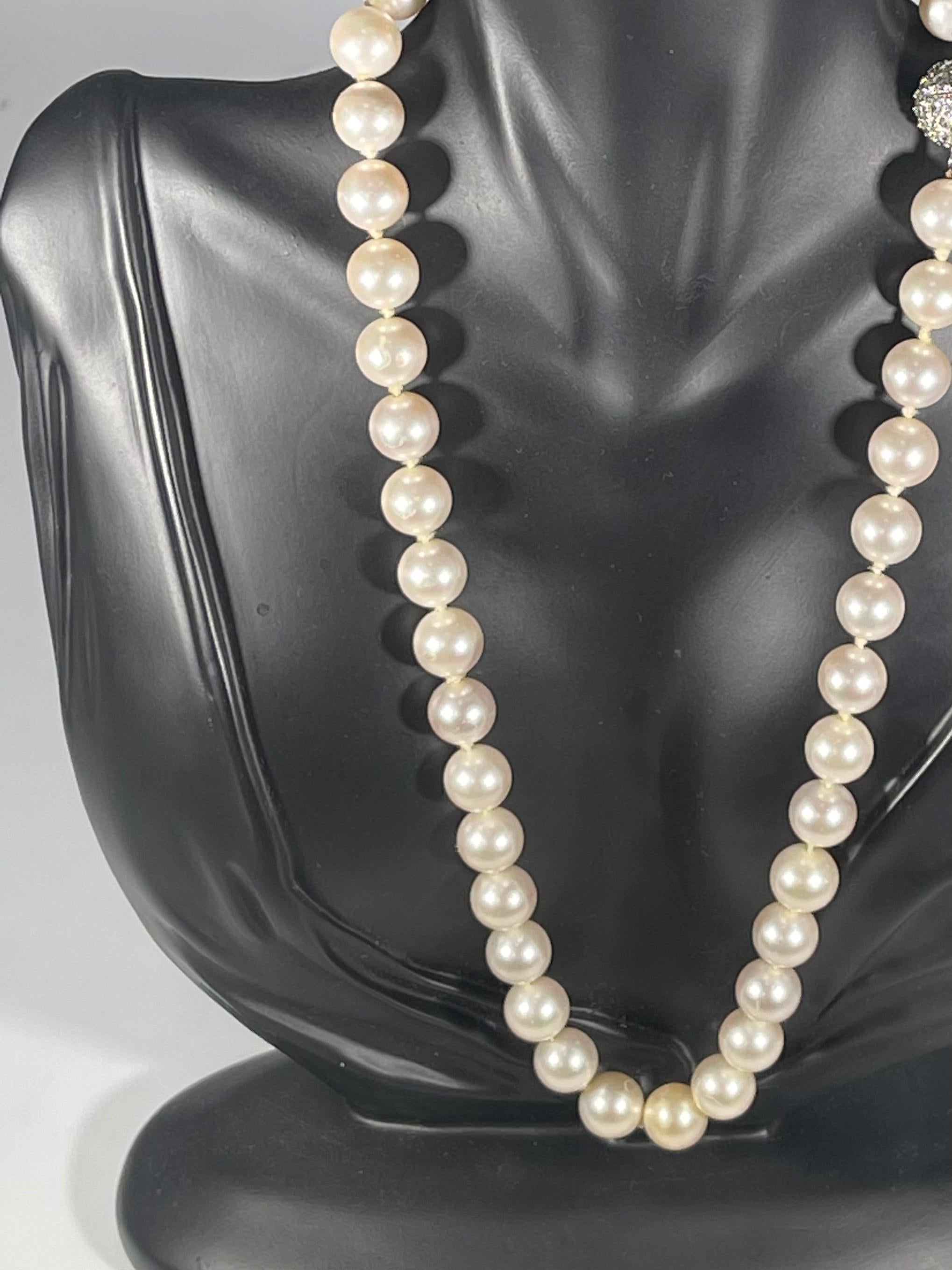 Women's 41 Round Akoya Pearls Strand Necklace Set in Metal Ball Clasp For Sale