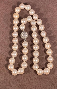 41 Round Akoya Pearls Strand Necklace Set in Metal Ball Clasp