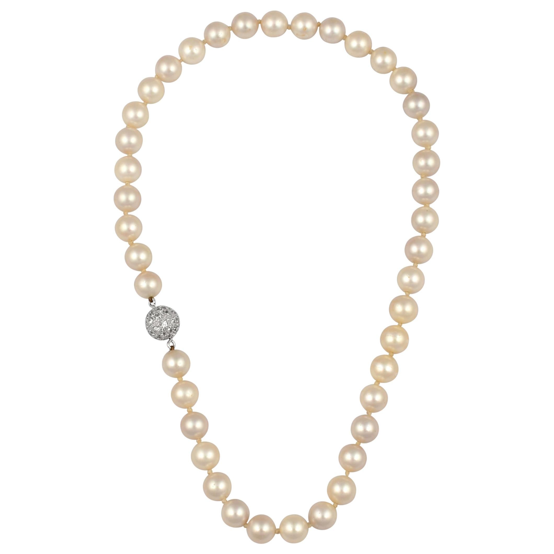 41 Round Akoya Pearls Strand Necklace Set in Metal Ball Clasp