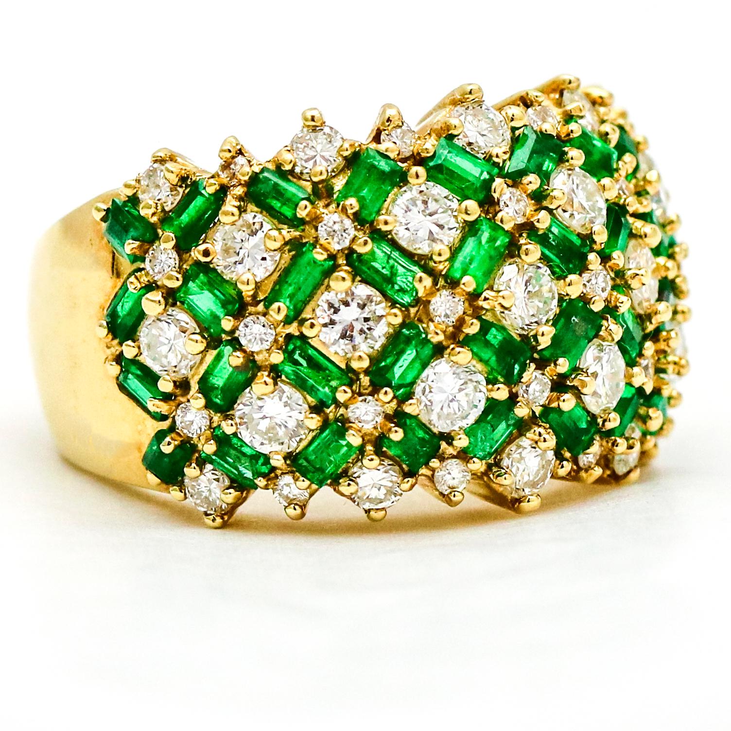Modern 4.10 Carat 14 Karat Yellow Gold Pave Diamond Emerald Wide Band Ring For Sale