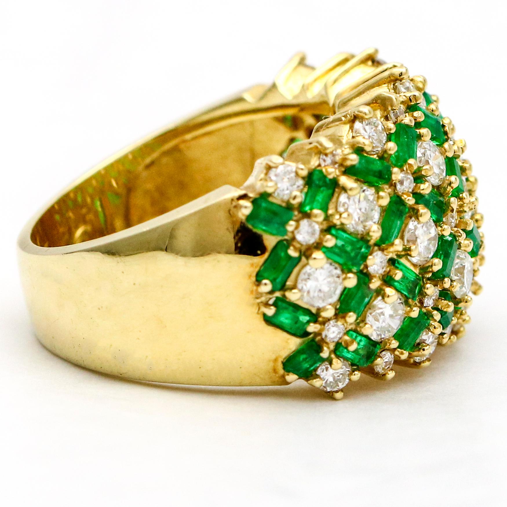 Round Cut 4.10 Carat 14 Karat Yellow Gold Pave Diamond Emerald Wide Band Ring For Sale