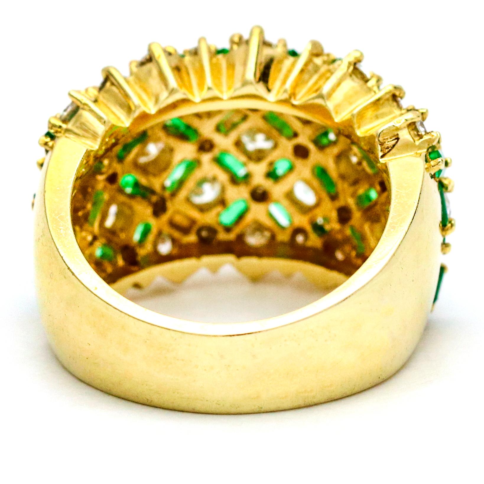 Women's 4.10 Carat 14 Karat Yellow Gold Pave Diamond Emerald Wide Band Ring For Sale