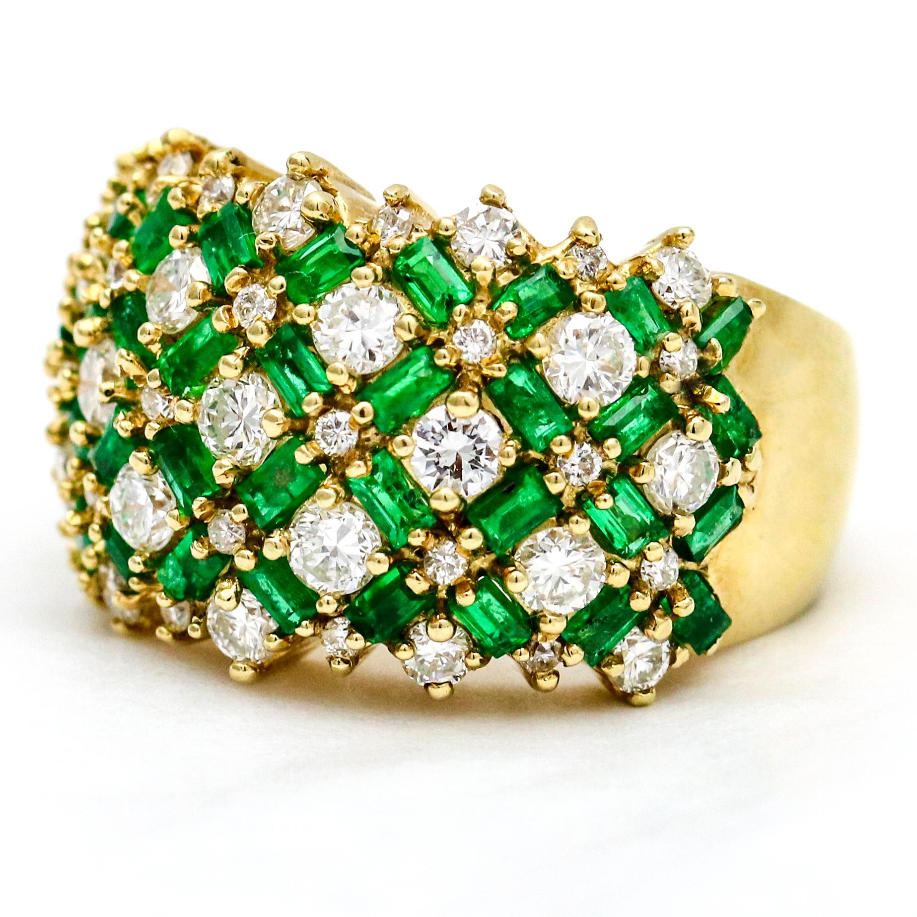 4.10 Carat 14 Karat Yellow Gold Pave Diamond Emerald Wide Band Ring For Sale 1