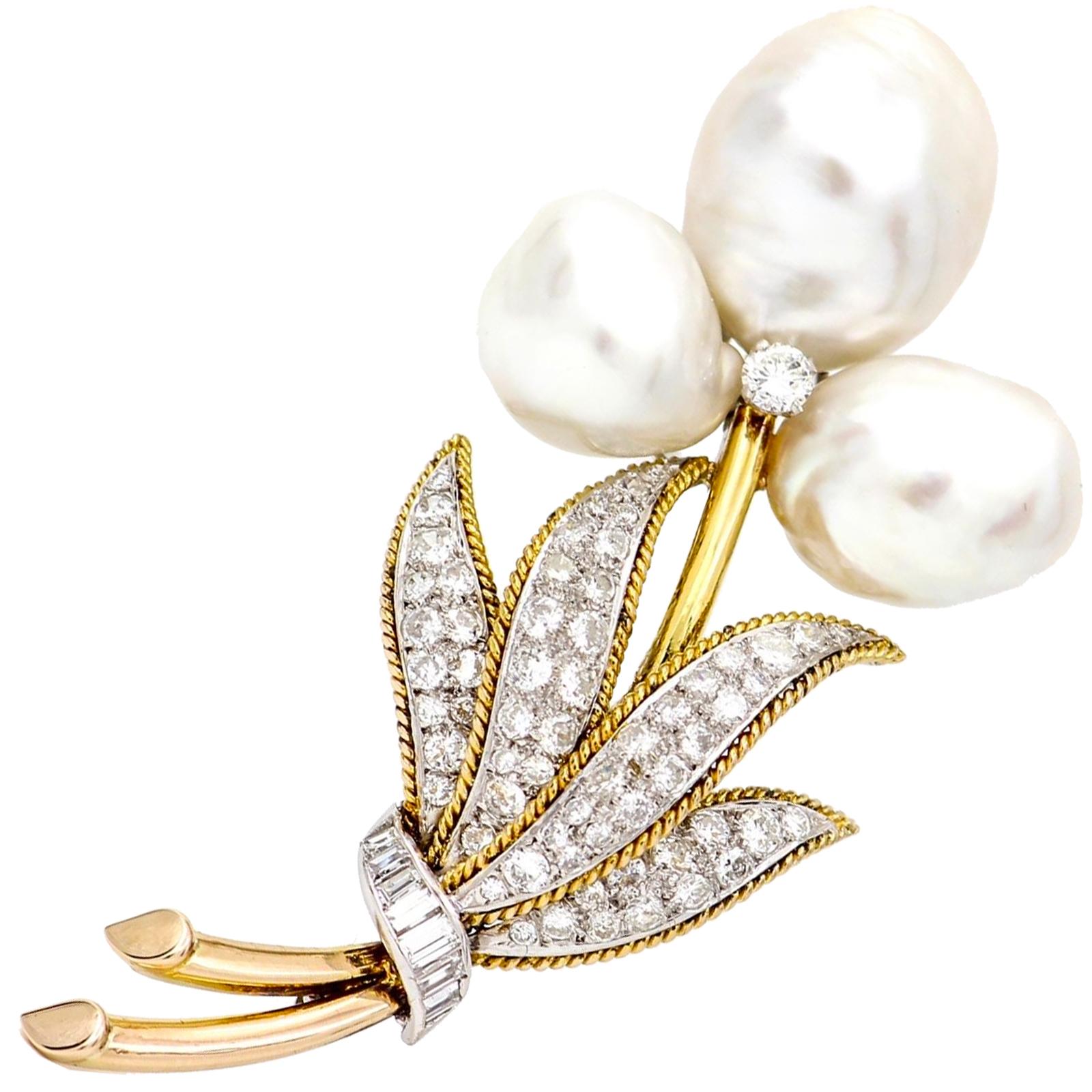 4.10 Carat 14 Karat Yellow Gold Pearl Diamond Flower Brooch Signed TRIO For Sale