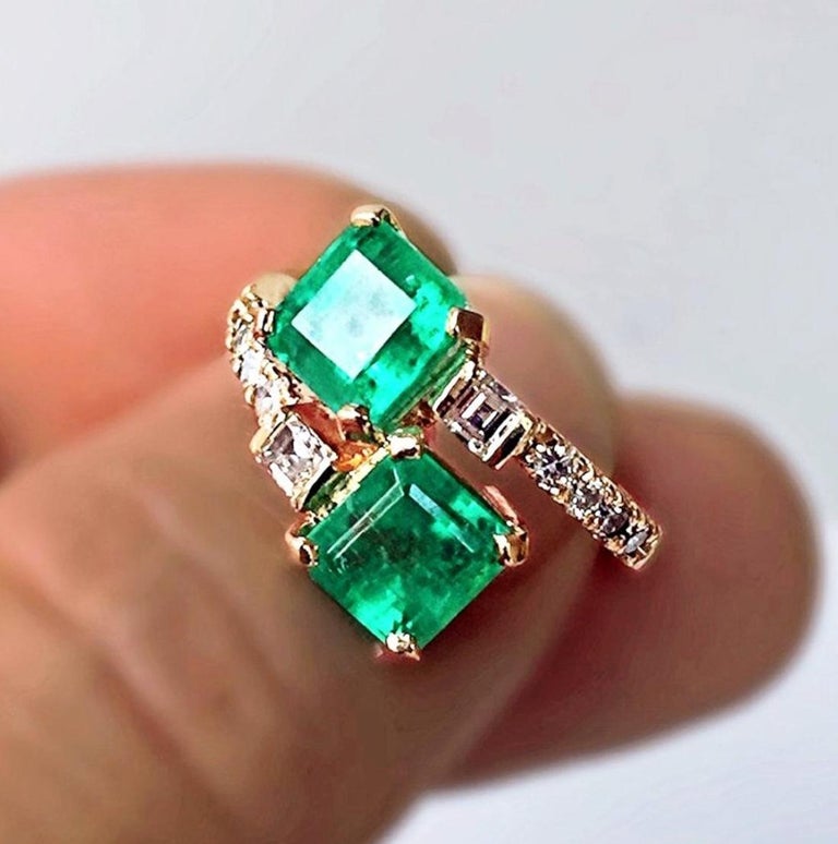 Colombian Emerald Diamond Bypass "Toi et Moi" Ring 18K Gold at 1stDibs