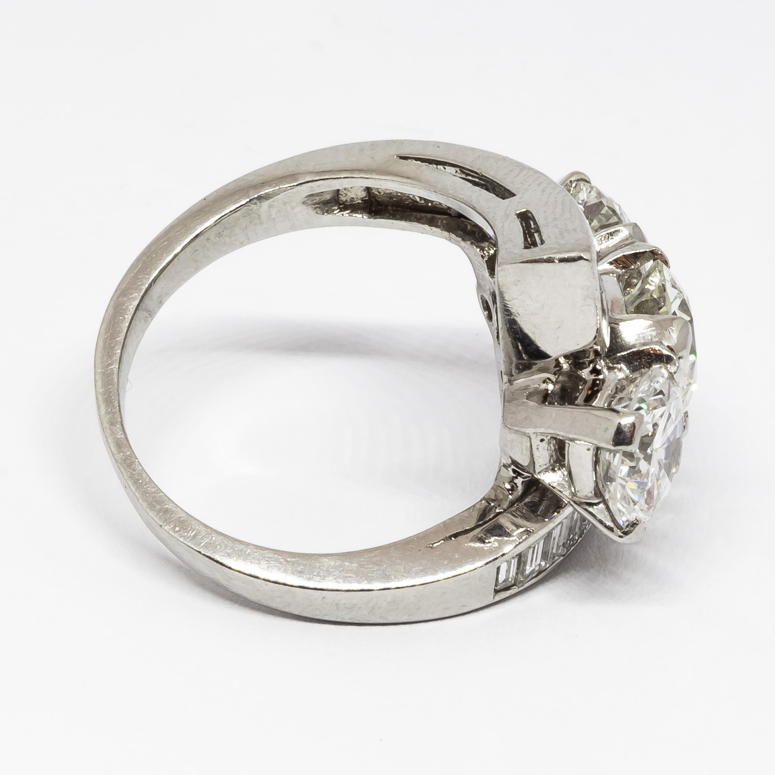 Old European Cut 4.10 Carat Diamond Crossover Platinum Ring, circa 1940