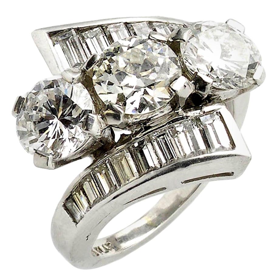 4.10 Carat Diamond Crossover Platinum Ring, circa 1940