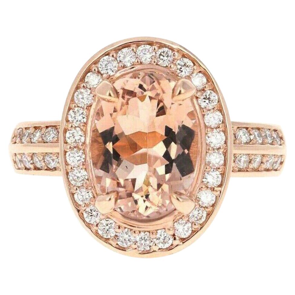 Impresionante anillo de oro rosa macizo de 14 quilates con Morganita natural y diamantes de 4,10 quilates