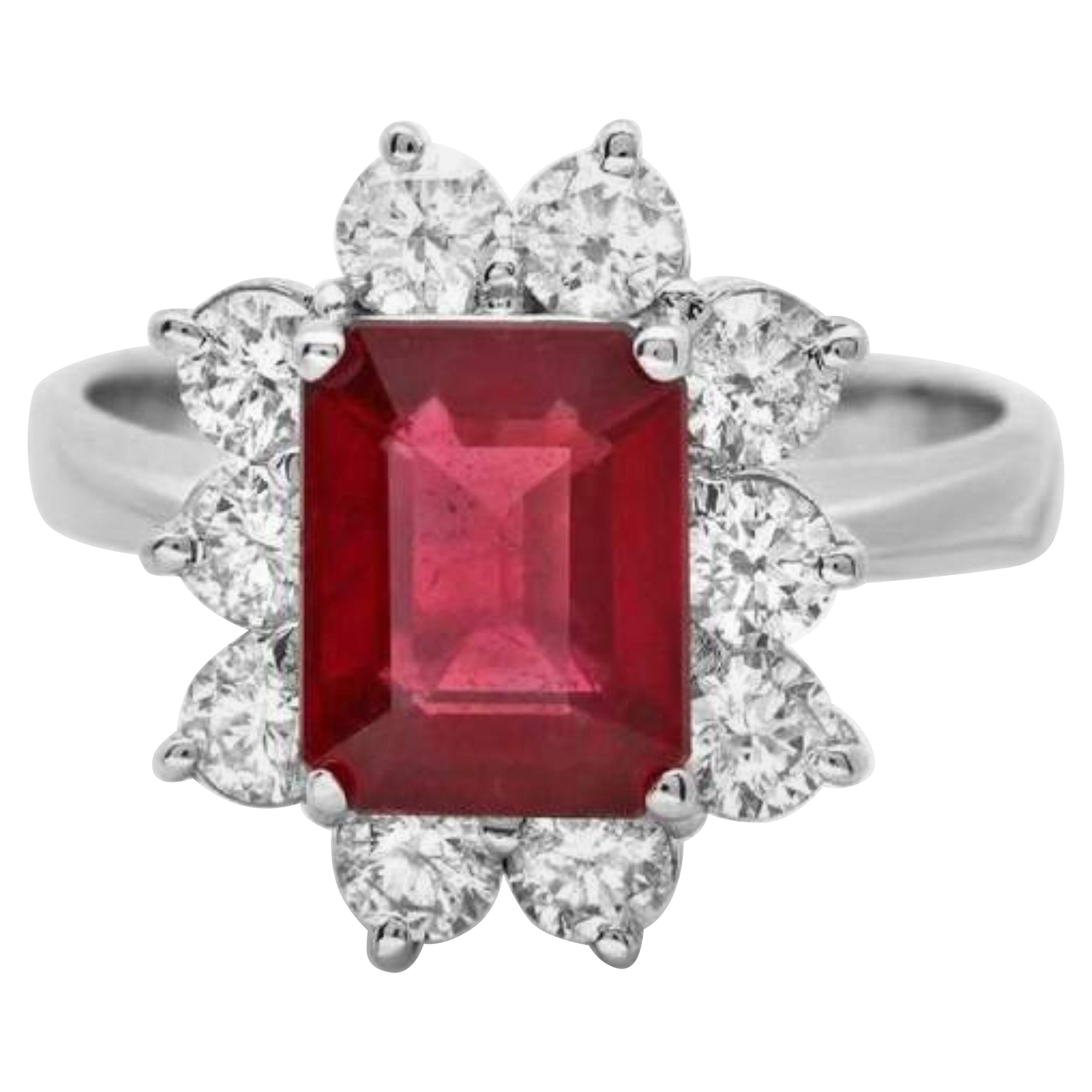 4.10 Carat Impressive Natural Red Ruby and Diamond 14 Karat White Gold Ring For Sale