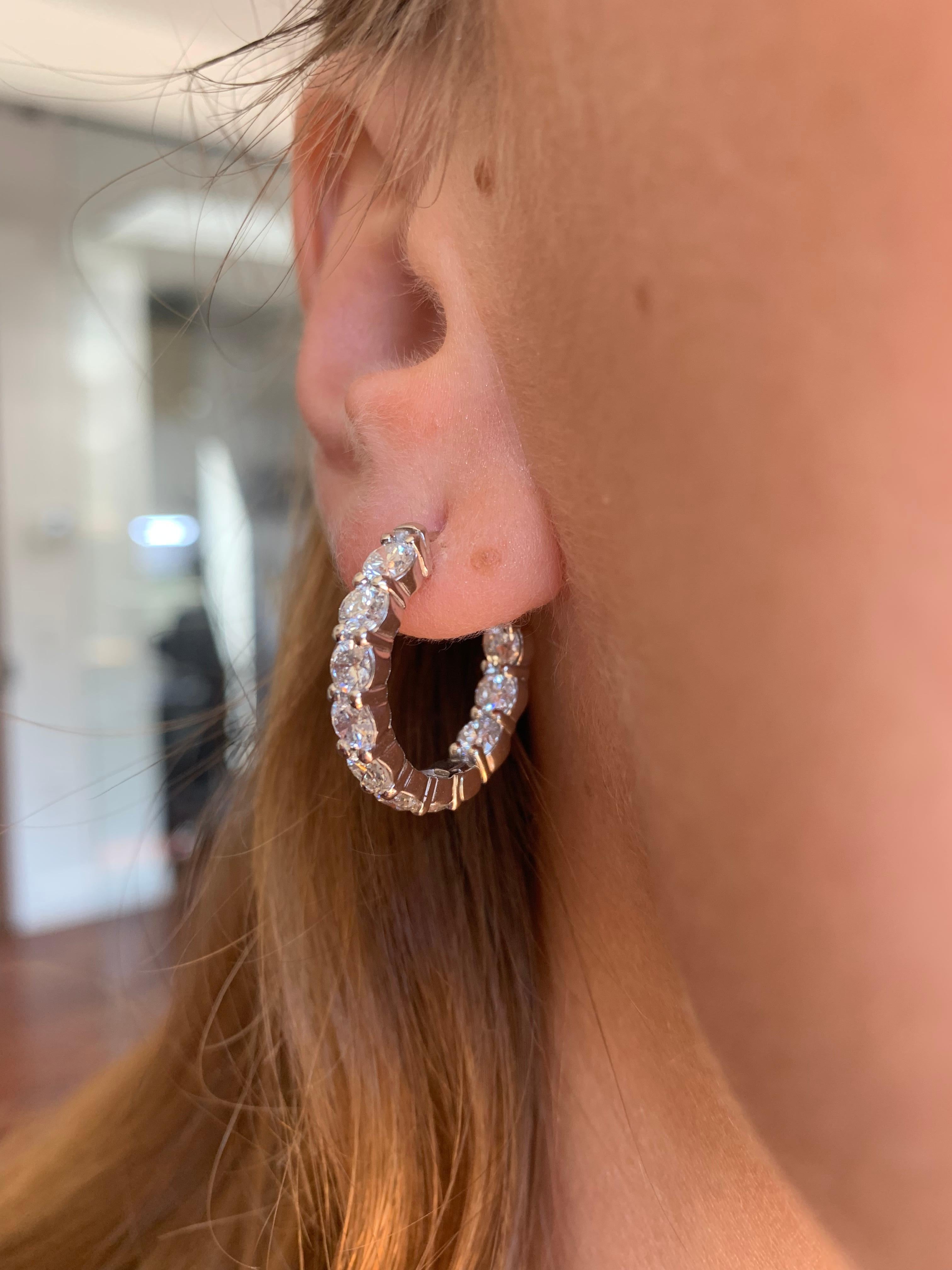 One 18K white gold diamond Hoop earrings features:
- 4.10 Carats of Round cut Diamonds. 
- 20 Round Cut Diamonds
- Each stone 0.20 Carats
- Oval Shaped
- 1