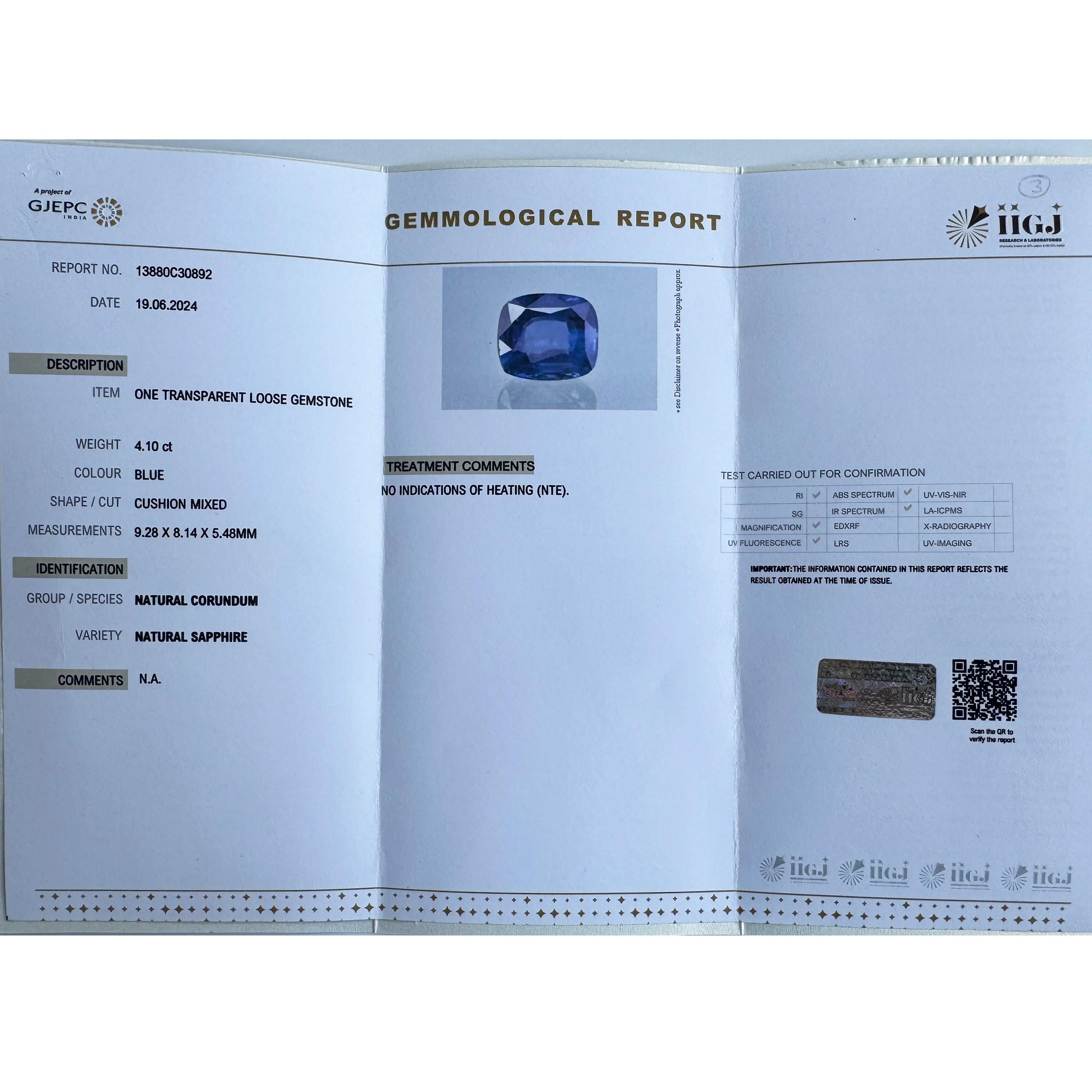 Tauchen Sie ein in die faszinierende Schönheit eines 4,10 Karat Ceylon Sri Lanka Natural Blue Sapphire, geformt in einem fesselnden Kissenschliff mit den Maßen 8,14 x 9,28 x 5,48 Millimeter. Der aus den berühmten Saphirminen von Ceylon, dem heutigen