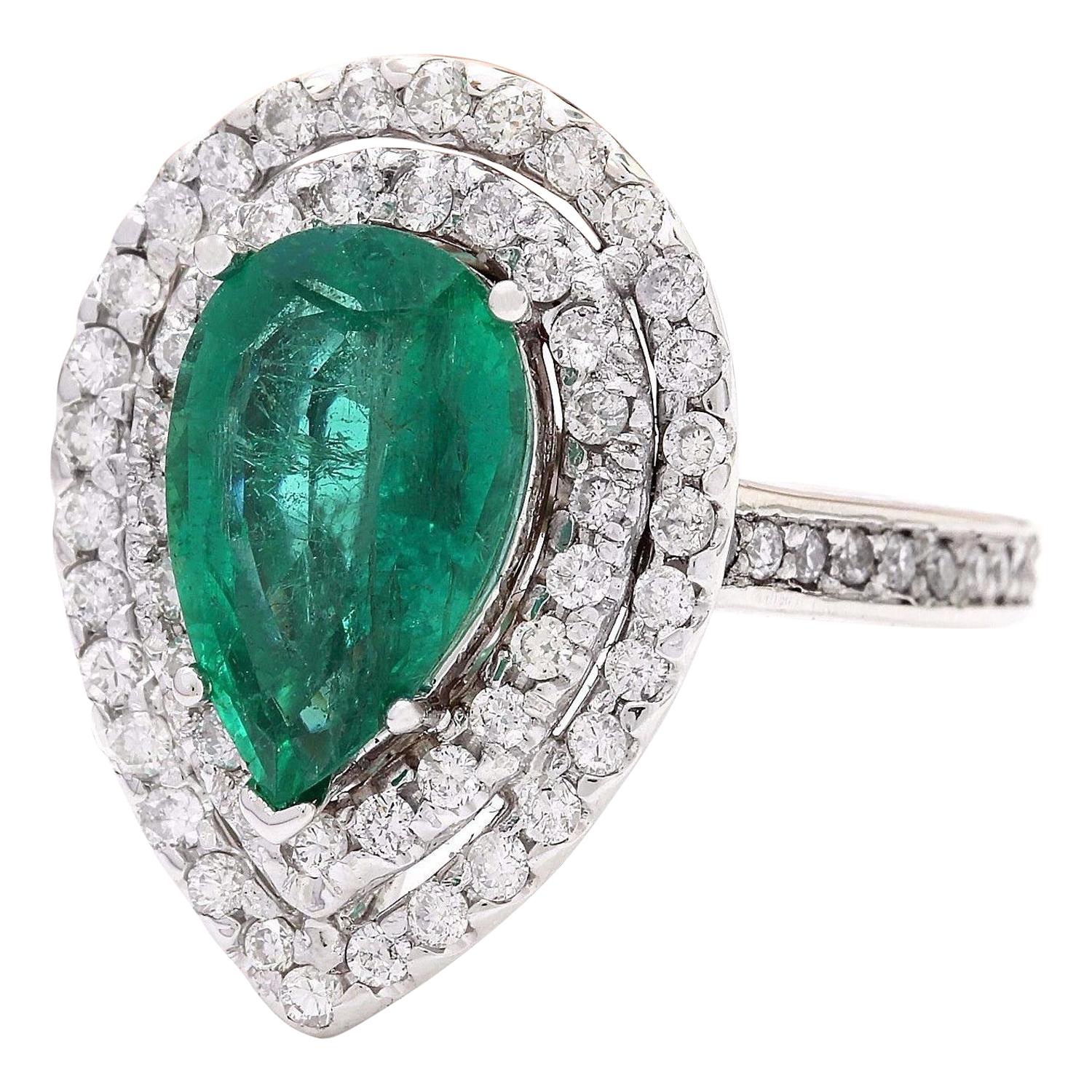 4.10 Carat Natural Emerald 14K Solid White Gold Diamond Ring
 Item Type: Ring
 Item Style: Engagement
 Material: 14K White Gold
 Mainstone: Emerald
 Stone Color: Green
 Stone Weight: 3.10 Carat
 Stone Shape: Pear
 Stone Quantity: 1
 Stone