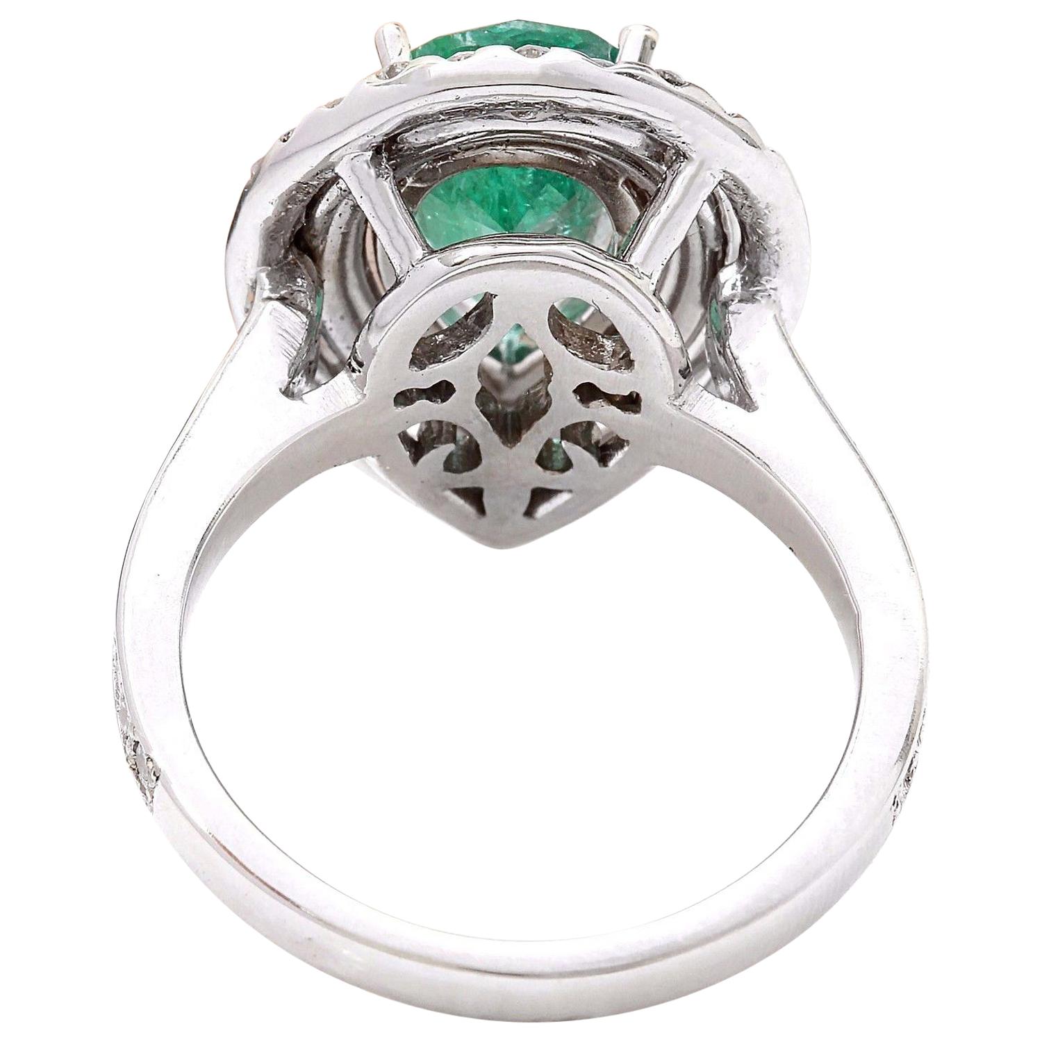 Pear Cut Emerald Diamond Ring In 14 Karat Solid White Gold For Sale