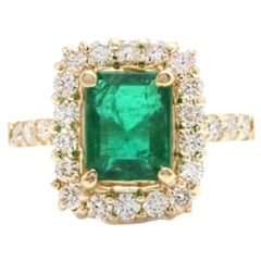 Esmeralda natural de 4,10 quilates y diamante Anillo de oro amarillo macizo de 18 quilates