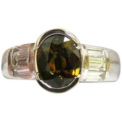 4.10 Carat Natural Fancy Olive Color Sapphire Diamond Ring 14 Karat Vivid