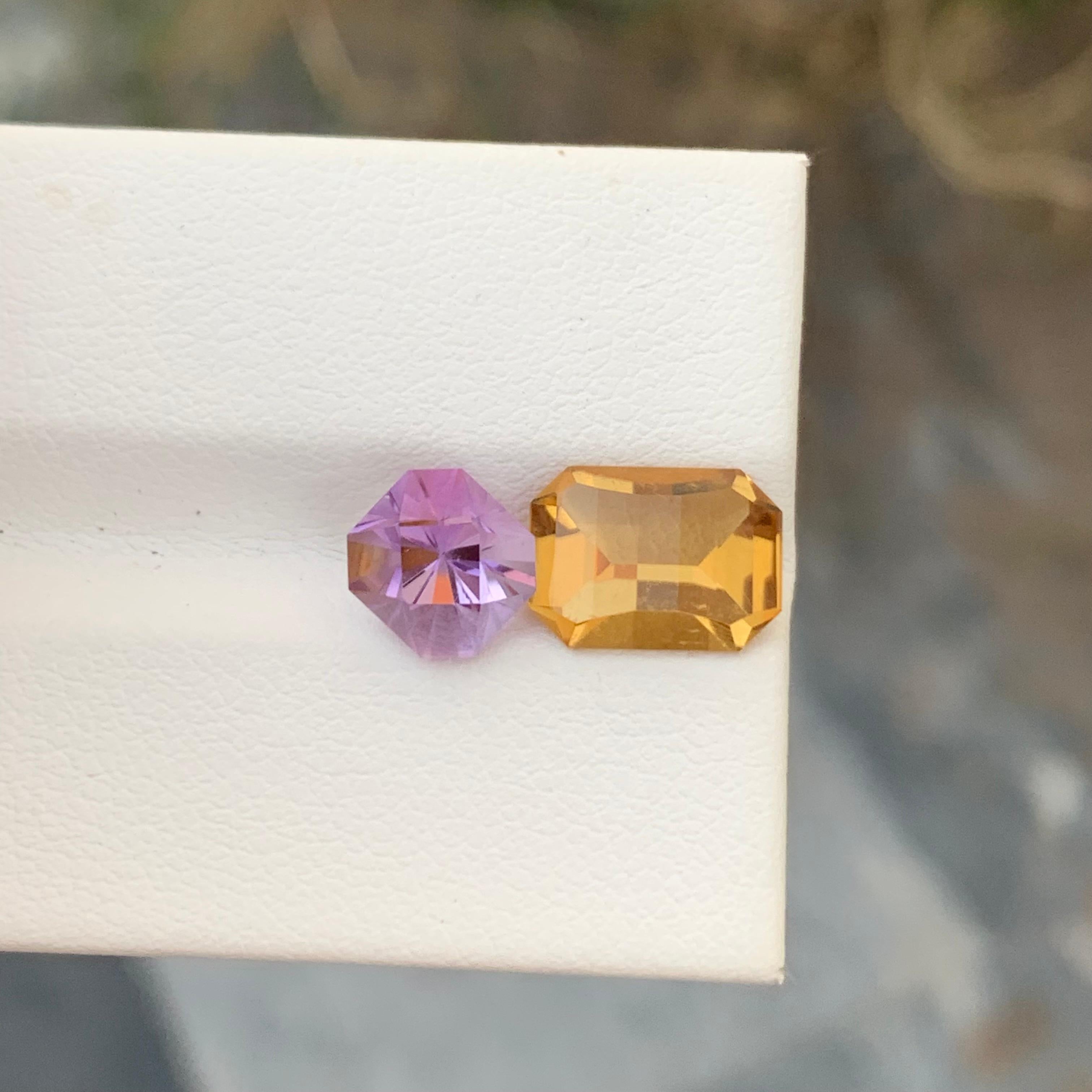 Loose Amethyst And Citrine 
Weight: 4.10 Carats
Citrine Sizes: 2.45 Carat 
Amethyst Size: 1.60 Carat 
Colour: Purple
Origin: Brazil
Treatment: Non
Certificate: On Demand
Shape: Emerald And Square 

Amethyst, a stunning variety of quartz known for