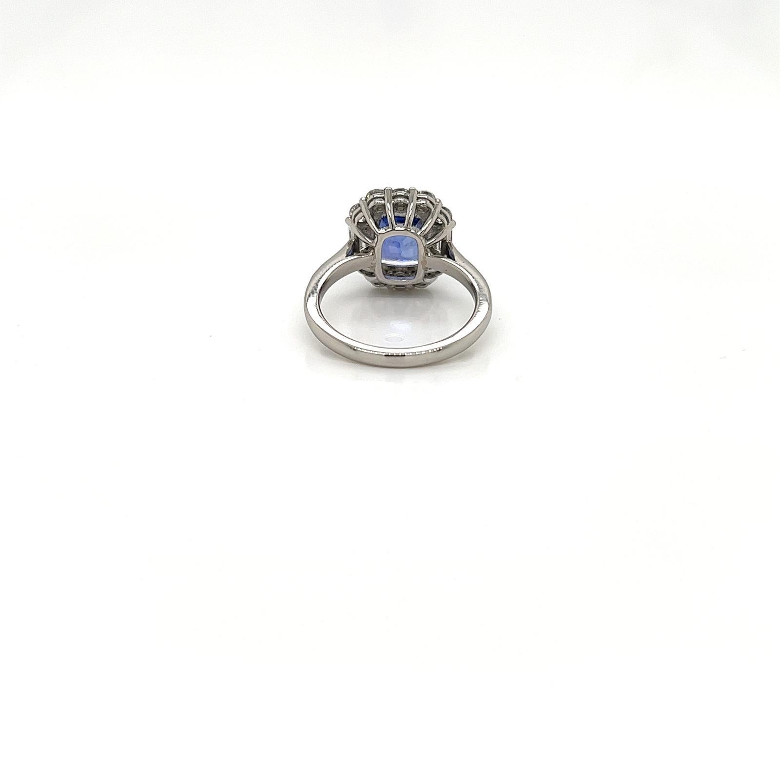 Women's 4.10 Carat Oblong Cushion Cut Blue Sapphire and Diamond Cluster Ring in Platinum For Sale