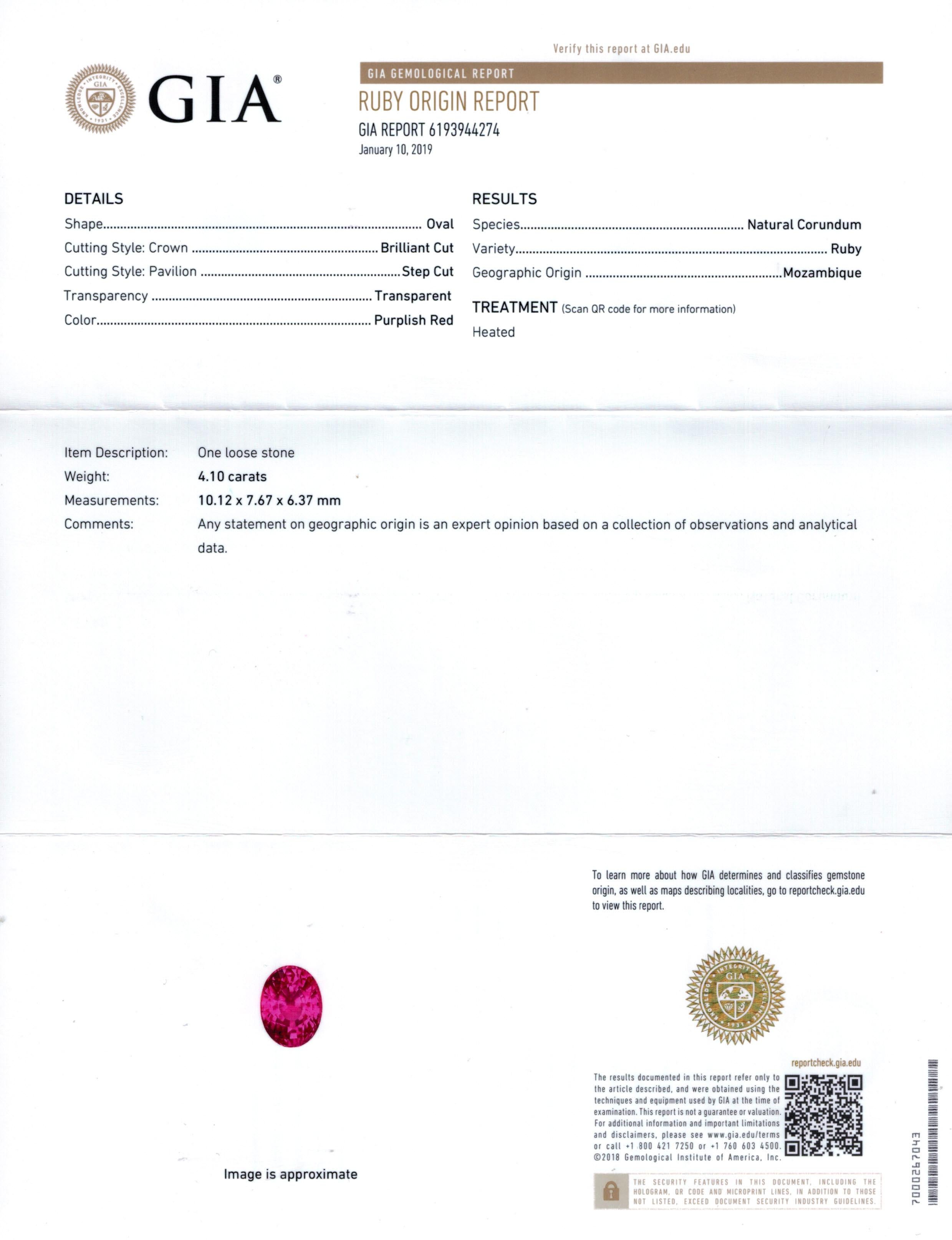 Oval Cut 4.10 Carat Oval Red Ruby and Diamond Ring with GIA Report