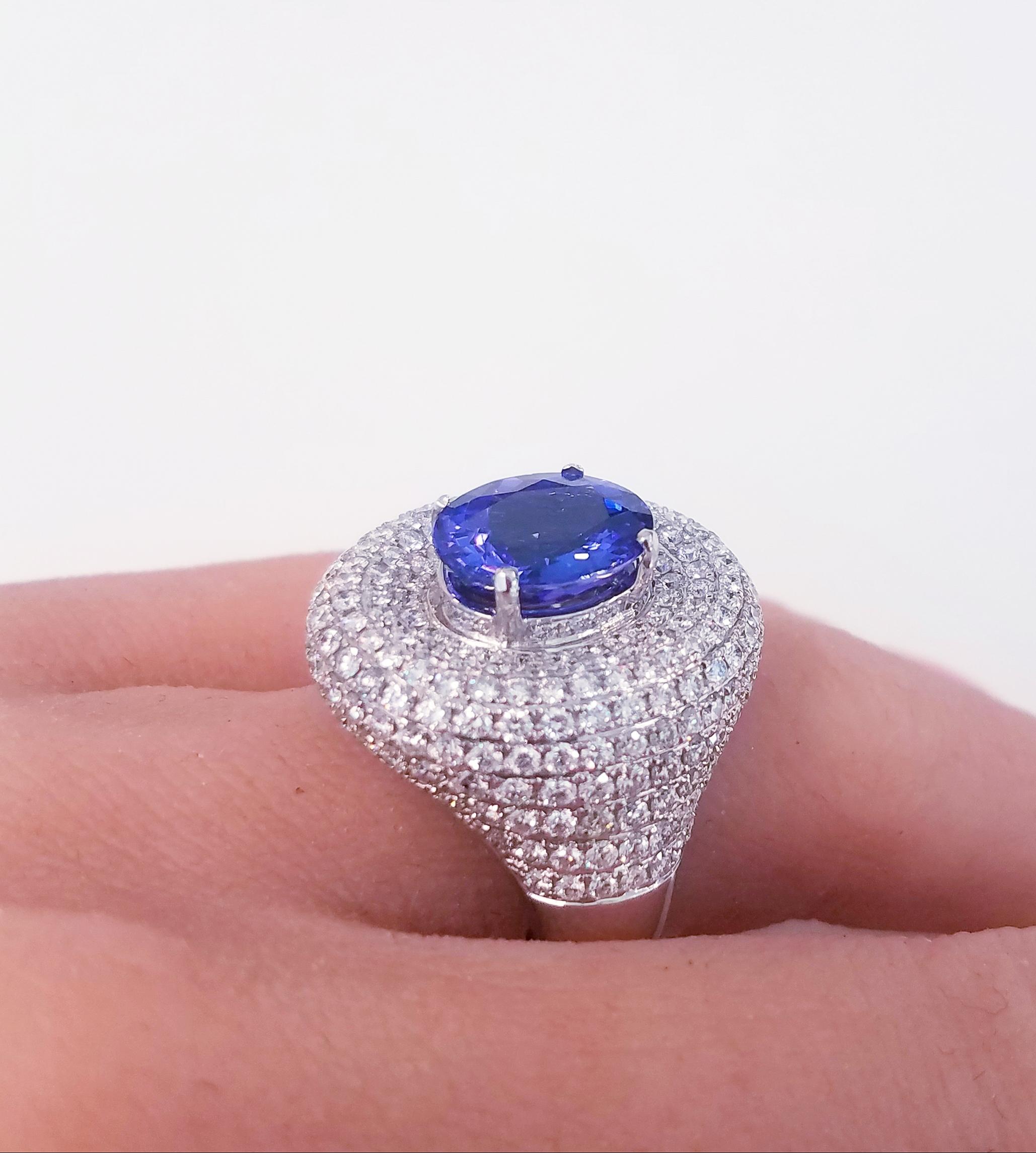 Oval Cut 4.10 Carat Oval Tanzanite and Diamond Cocktail Ring in 18 Karat White Gold