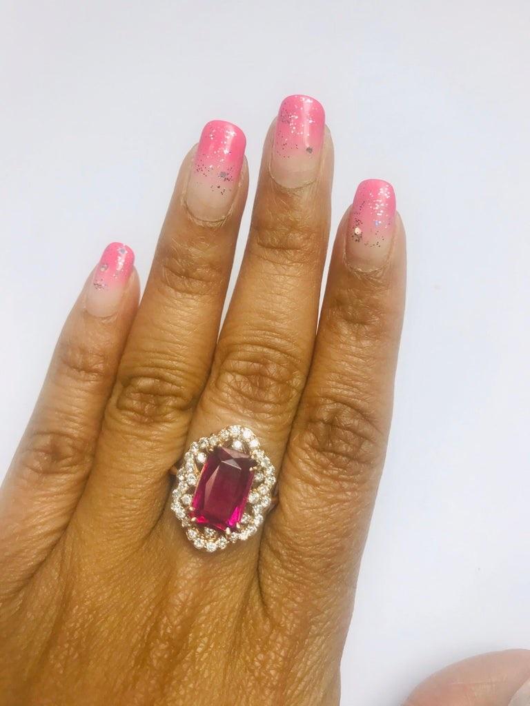 Emerald Cut 4.10 Carat Pink Tourmaline Diamond 14 Karat Rose Gold Ring For Sale