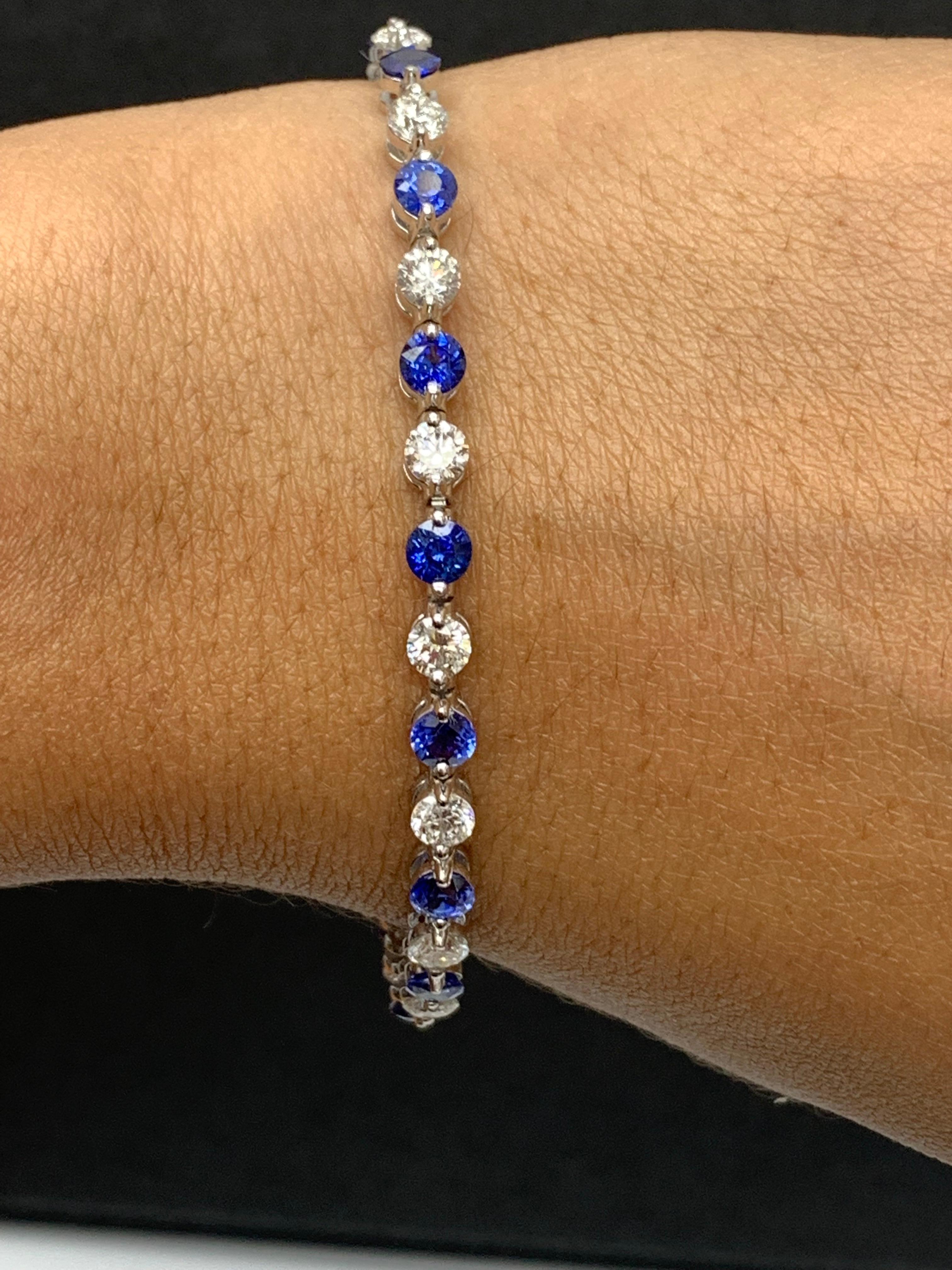 Round Cut 4.10 Carat Round Blue Sapphire and Diamond Bracelet in 14K White Gold For Sale