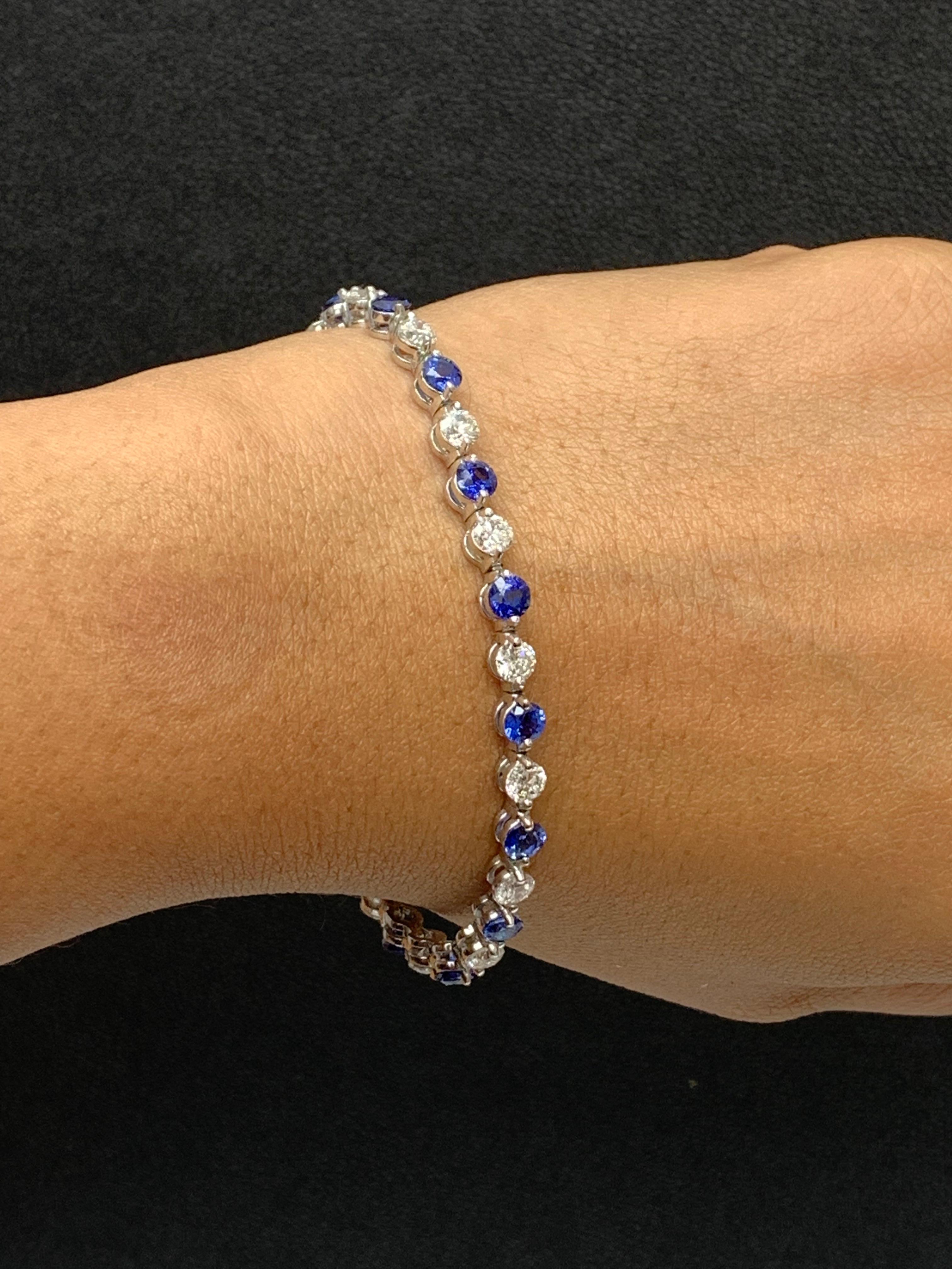 Women's or Men's 4.10 Carat Round Blue Sapphire and Diamond Bracelet in 14K White Gold For Sale